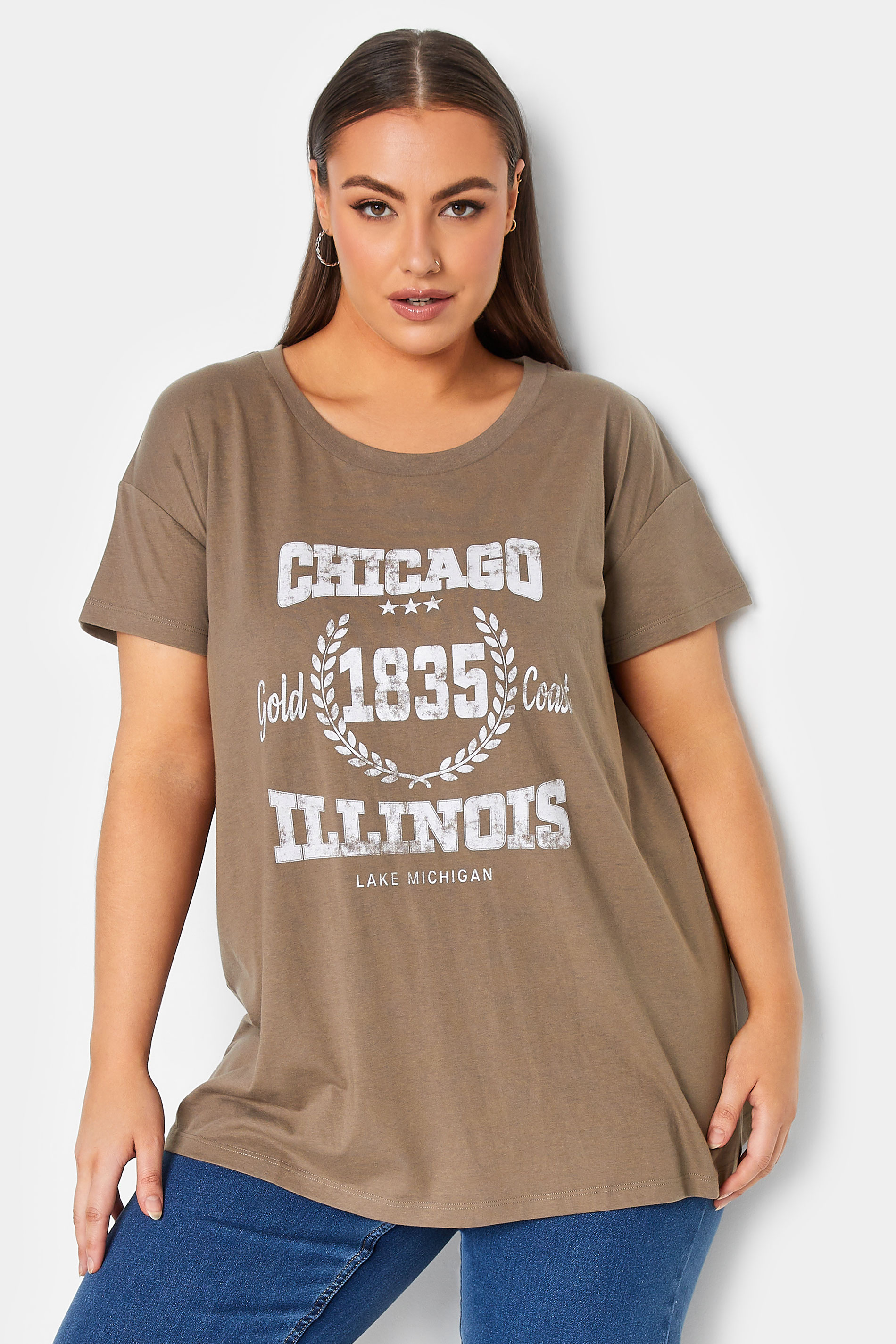 Curve Brown Beige 'Chicago' Slogan Print T-Shirt 1