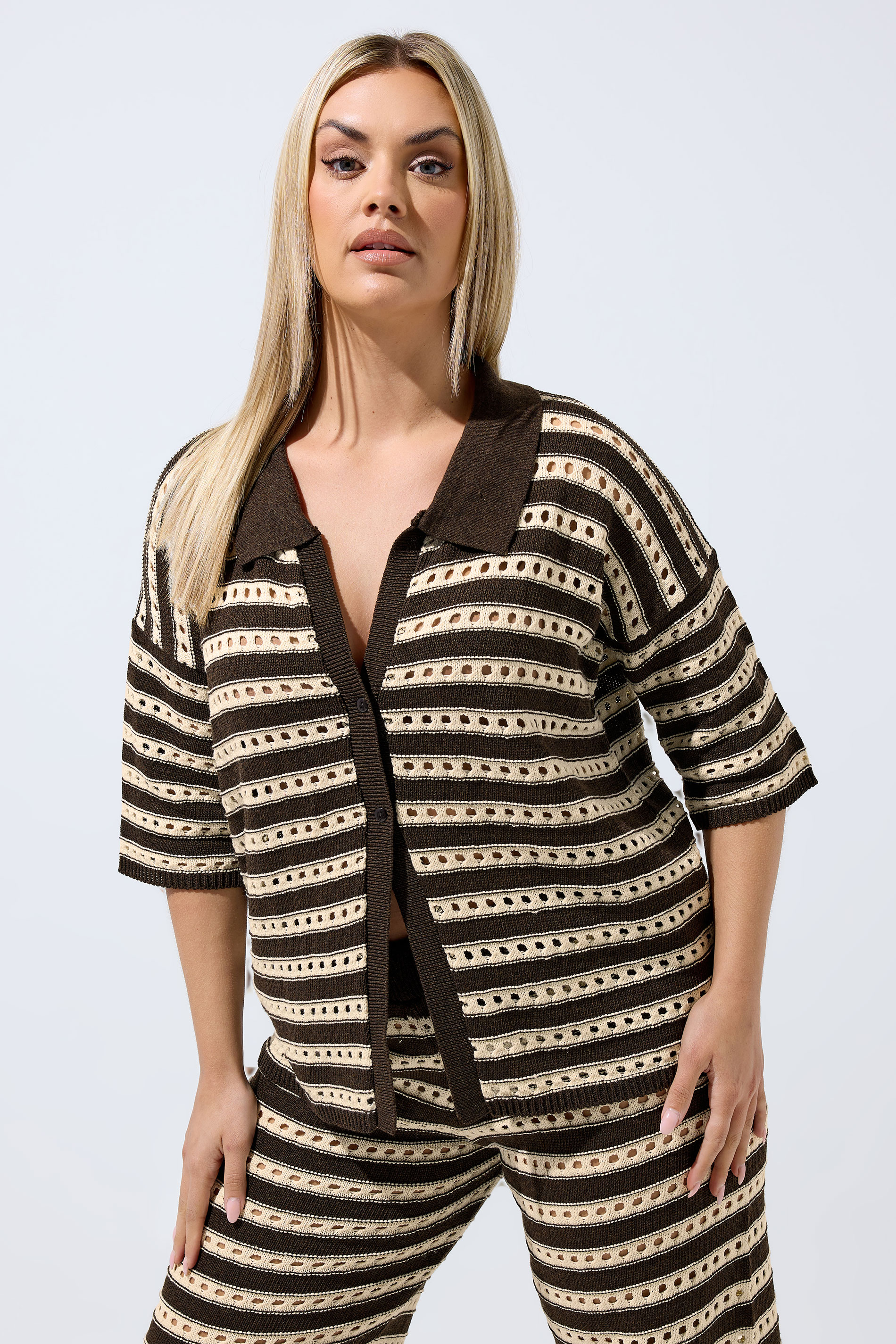 LIMITED COLLECTION Plus Size Chocolate Brown Stripe Crochet Shirt | Yours Clothing 3