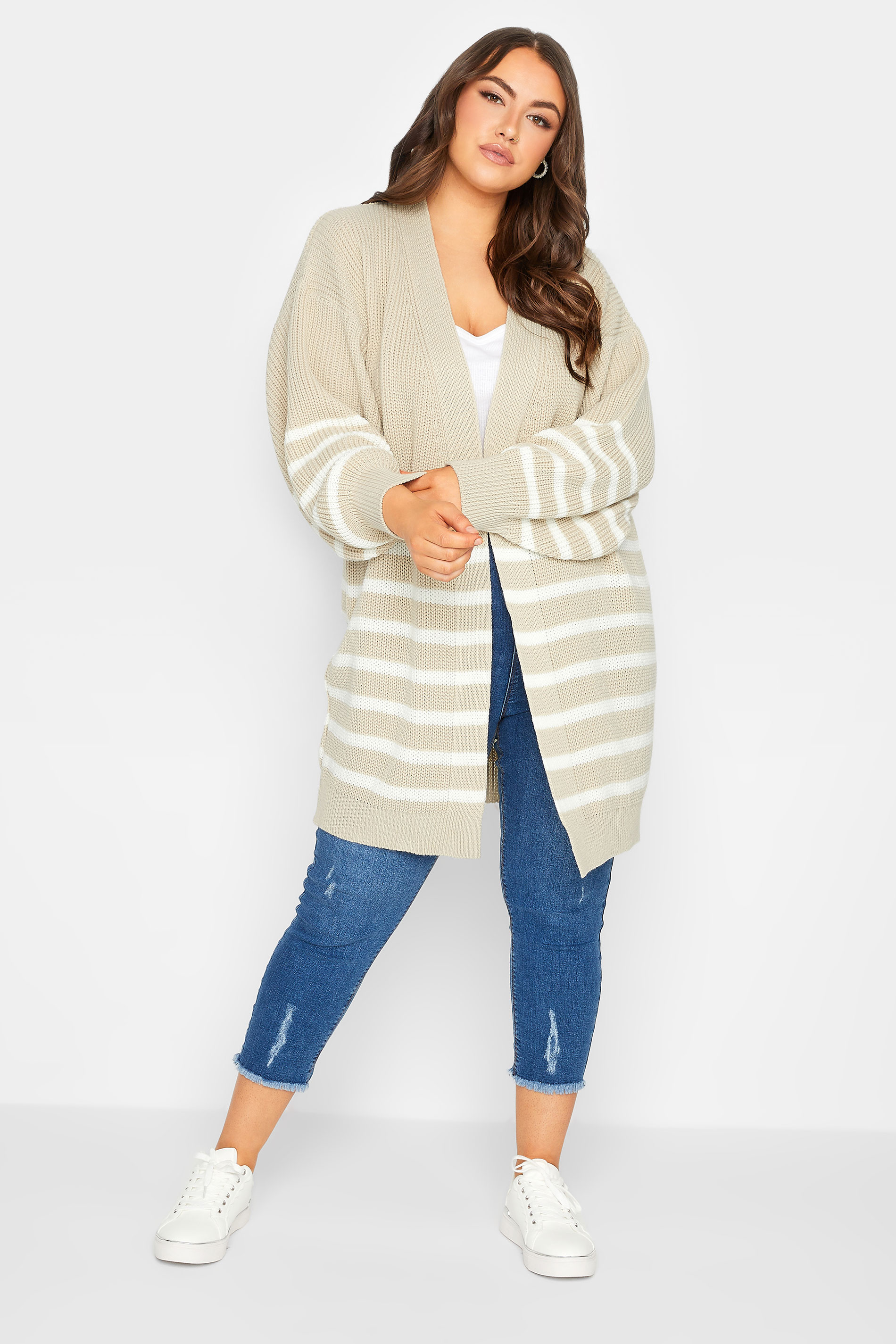 YOURS Curve Plus Size Beige Brown Stripe Balloon Sleeve Knitted Cardigan | Yours Clothing 3