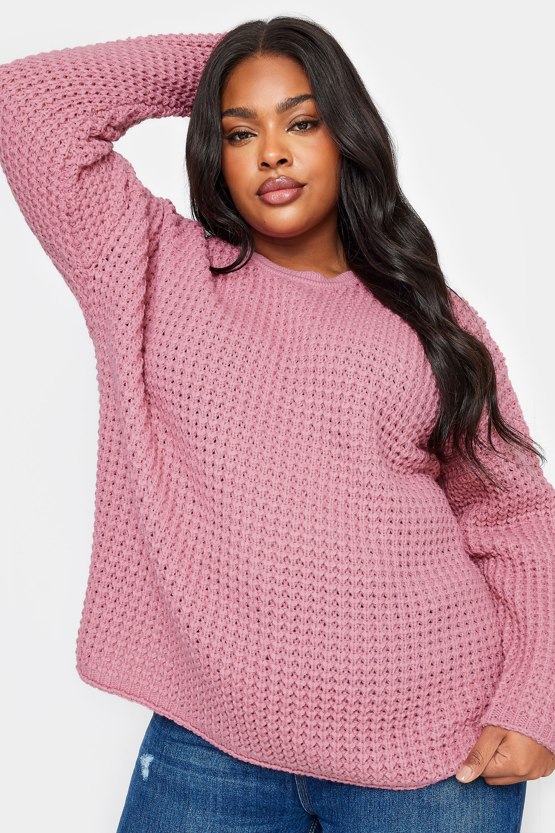 YOURS Plus Size Pink Waffle Knit Jumper | Yours Clothing 1