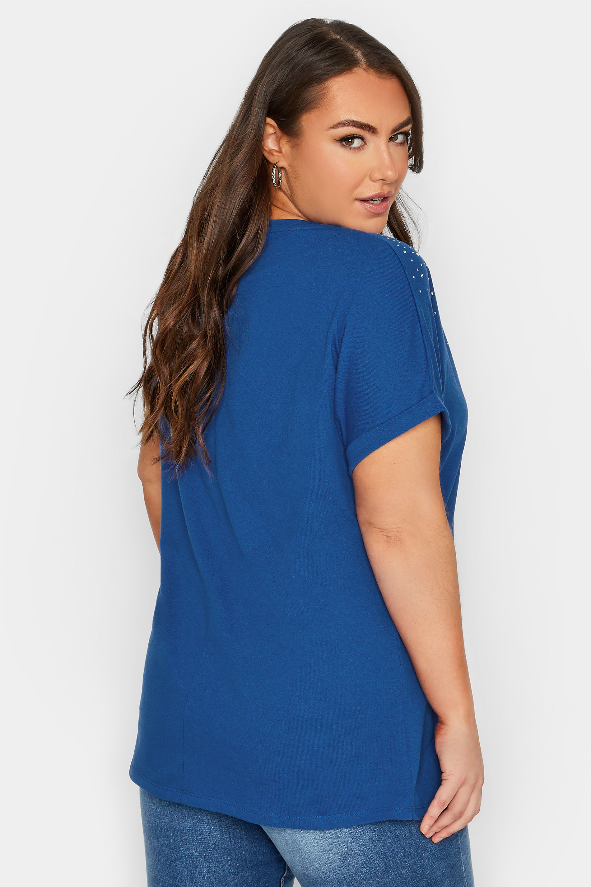 YOURS Plus Size Cobalt Blue Embellished Neck T-Shirt | Yours Clothing 3