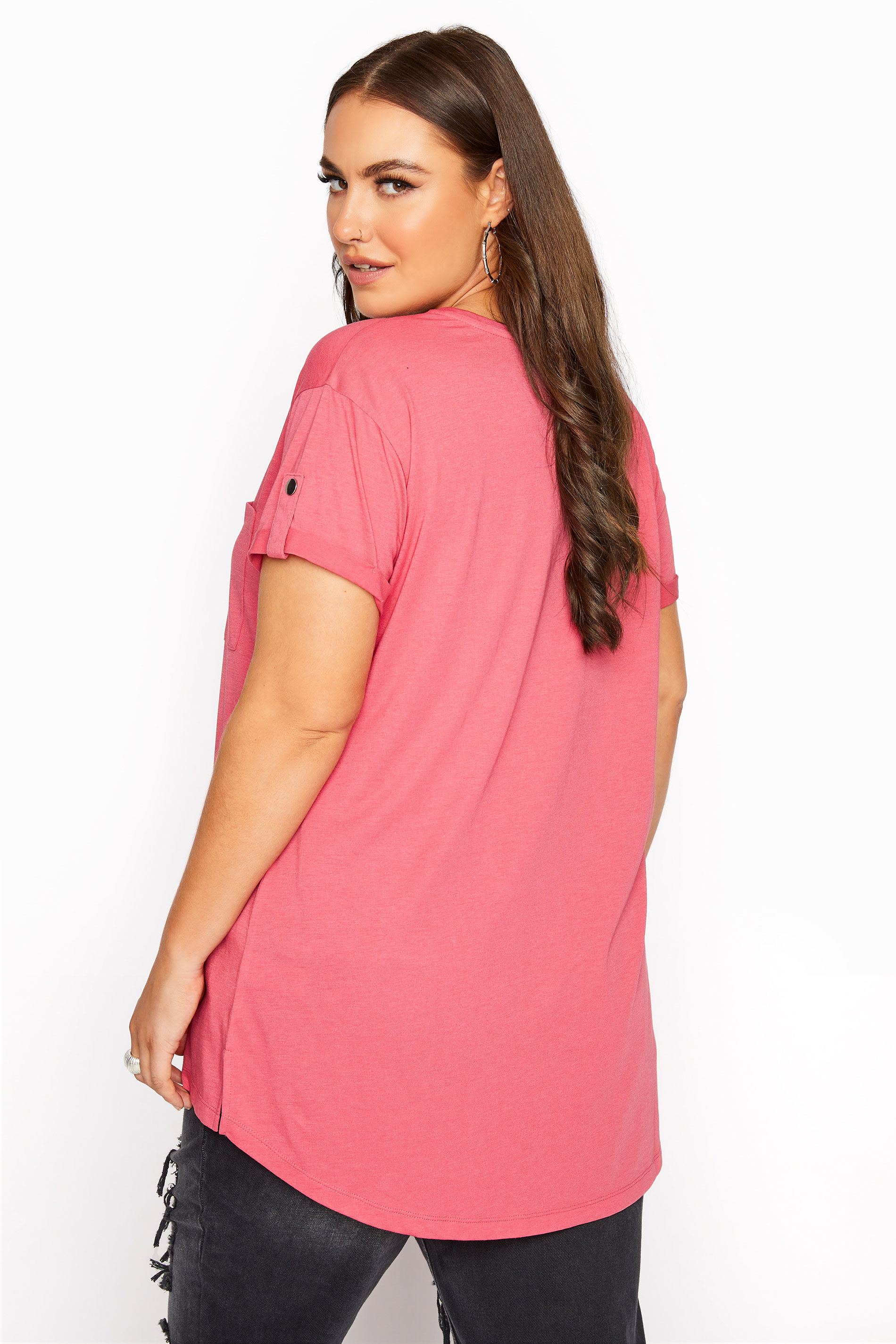 Grande taille  Tops Grande taille  T-Shirts Basiques & Débardeurs | T-Shirt Rose Ourlet Plongeant à Poche - CQ08954