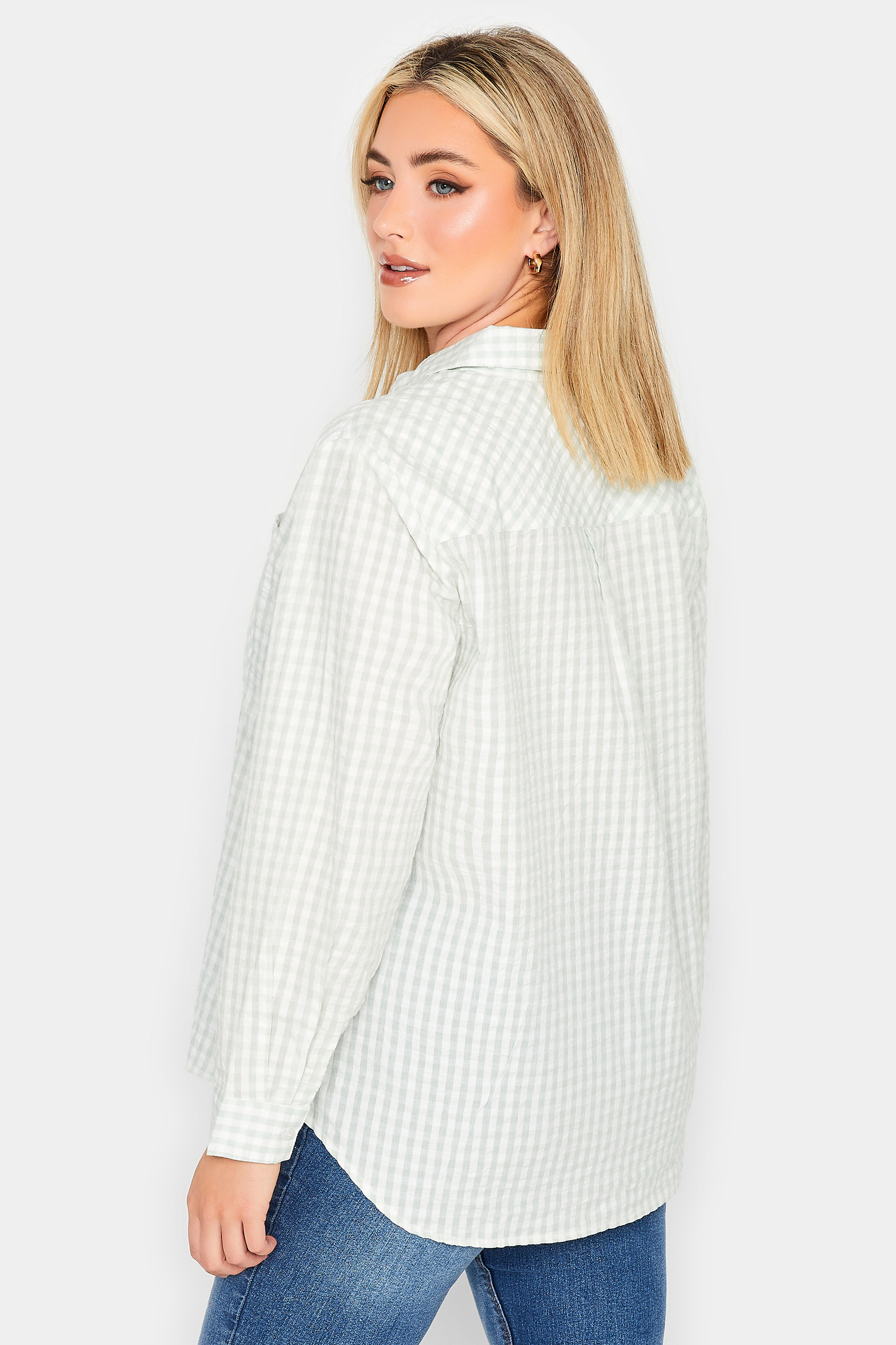 YOURS PETITE Plus Size Sage Green Gingham Pocket Shirt | Yours Clothing 3