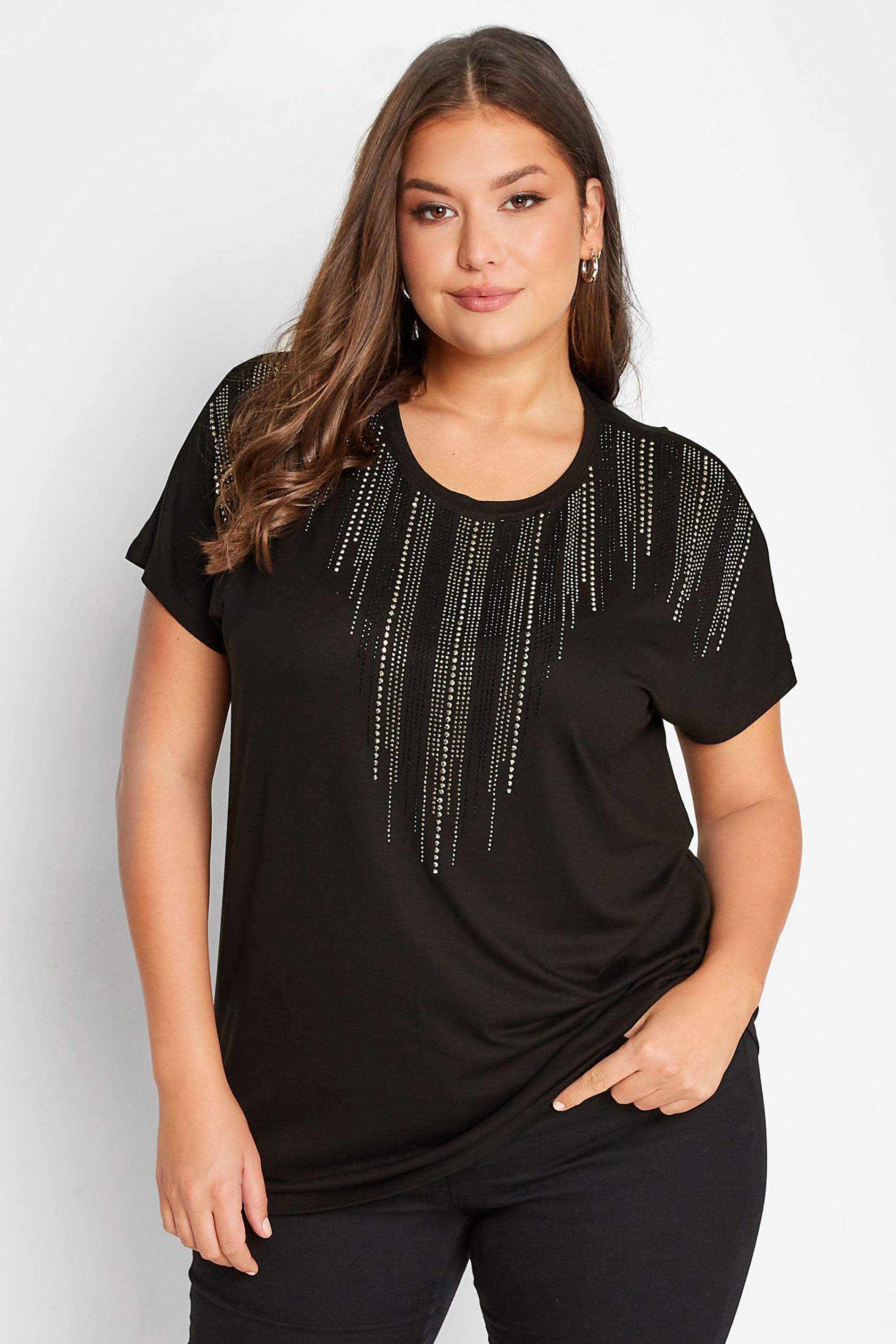 Plus Size Black Studded Neckline Top | Yours Clothing 1