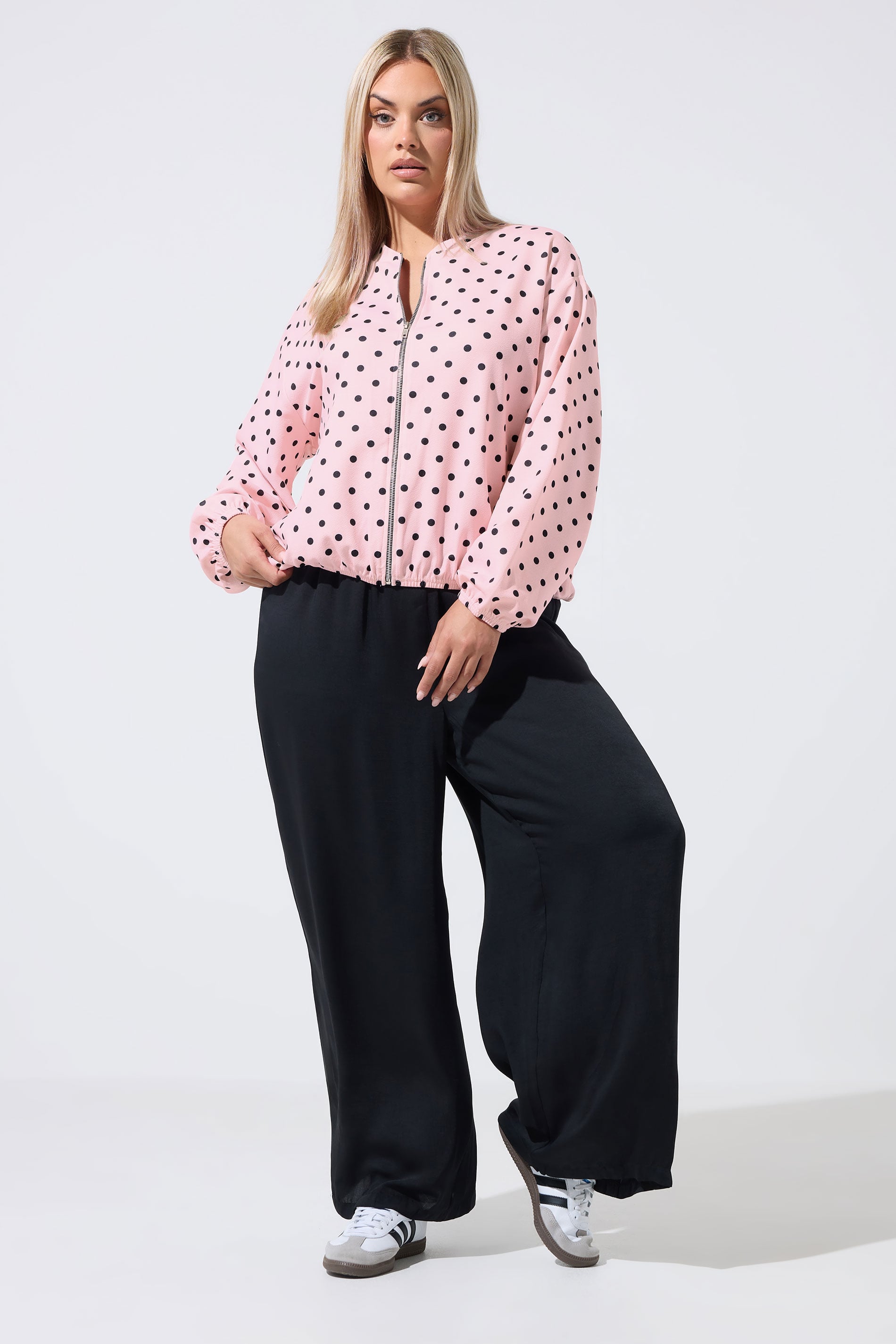 LIMITED COLLECTION Plus Size Pink Polka Dot Bomber Jacket | Yours Clothing 1