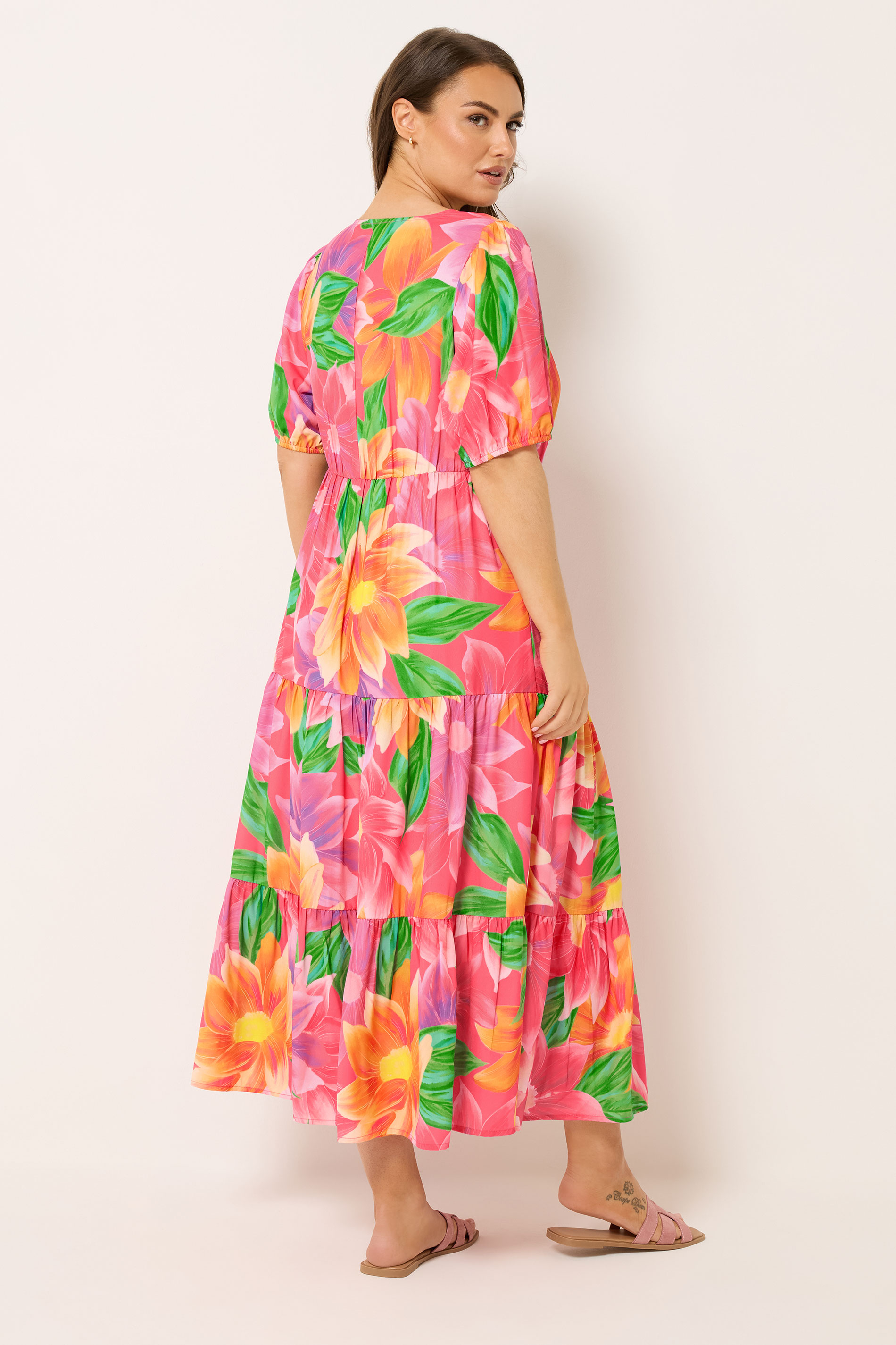 YOURS Curve Pink Floral Puff Sleeve Tiered Maxi Dress | Yours Clothing 2