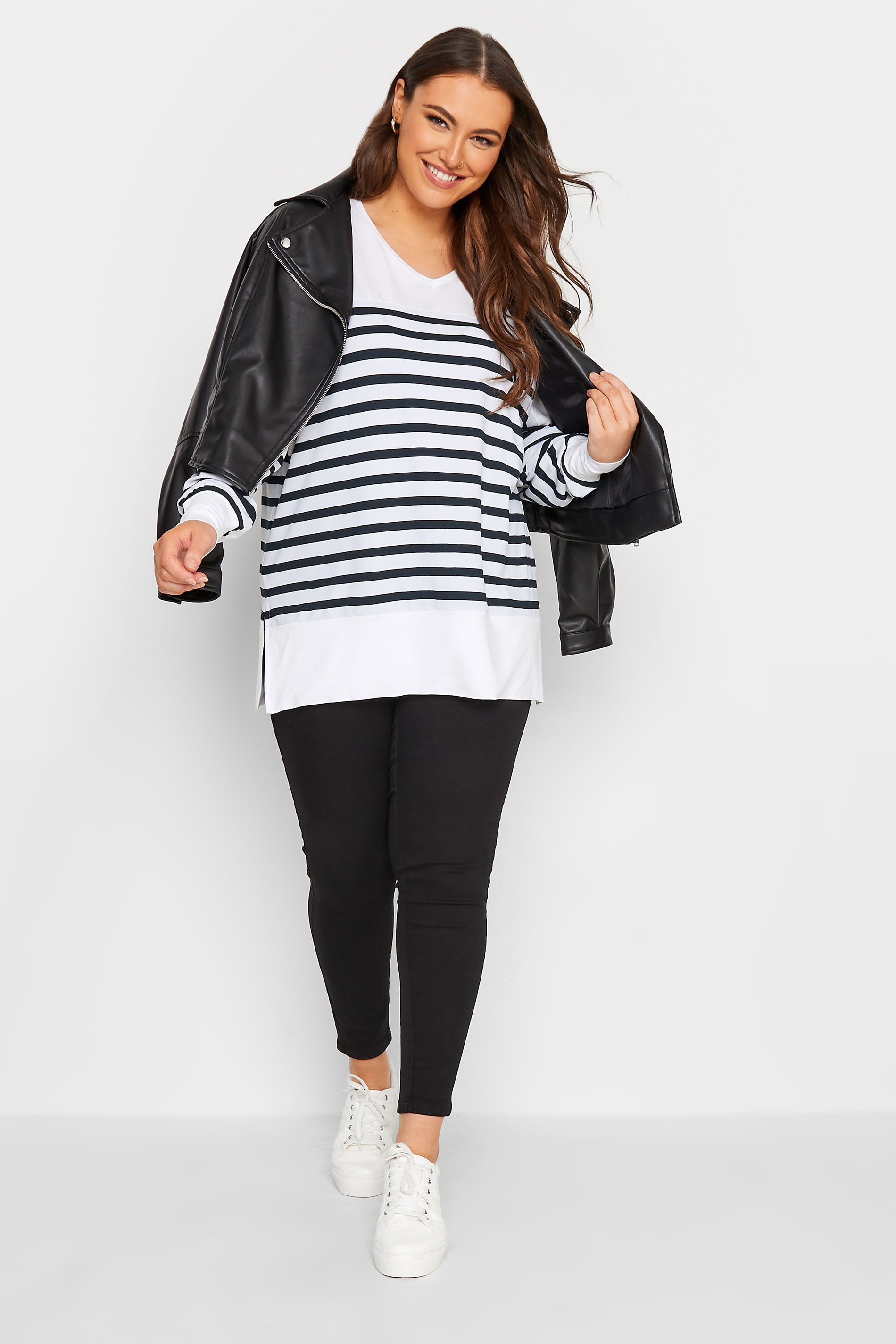 YOURS Plus Size Curve White & Navy Blue Stripe Long Sleeve Top | Yours Clothing  2