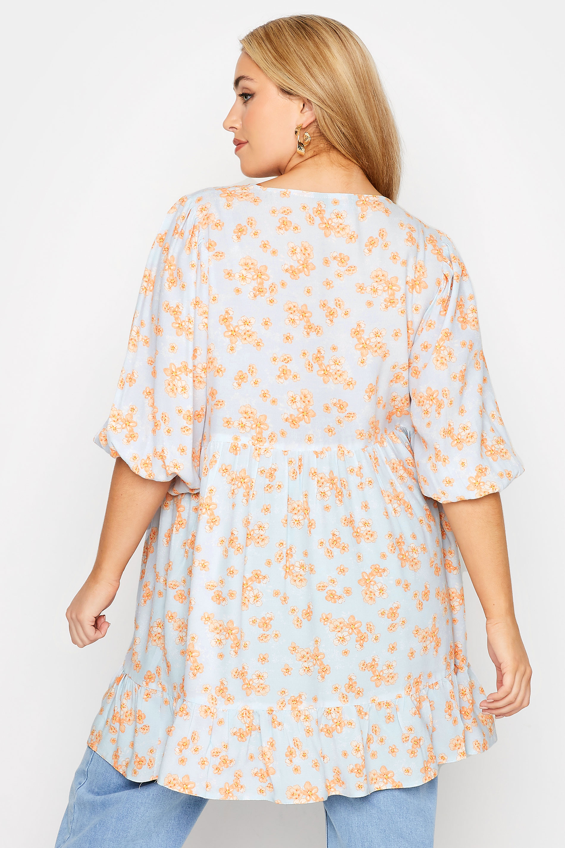 Plus Size Blue Floral Tie Neck Smock Top | Yours Clothing 3