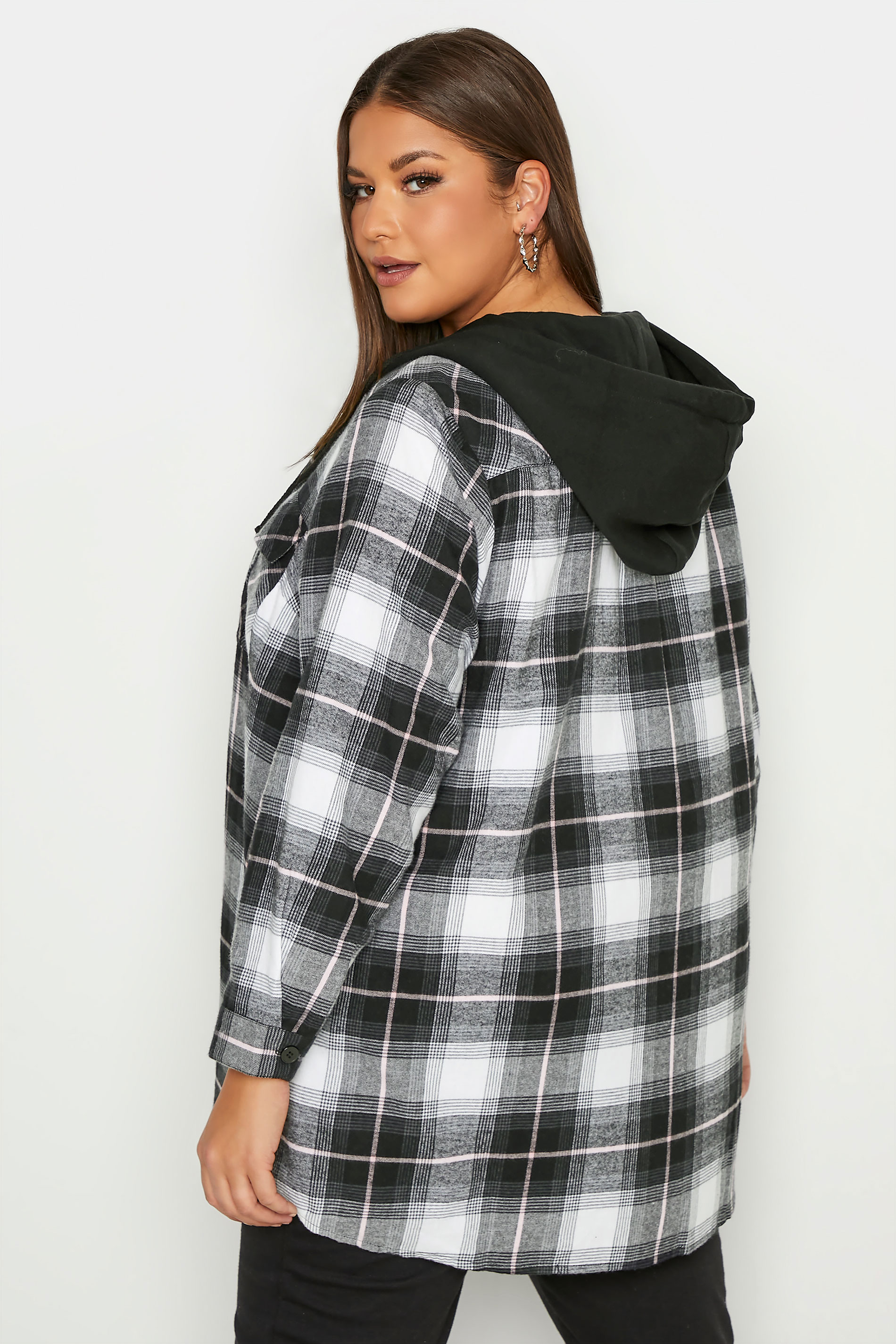 Plus Size Black & White Check Hooded Shirt | Yours Clothing 3