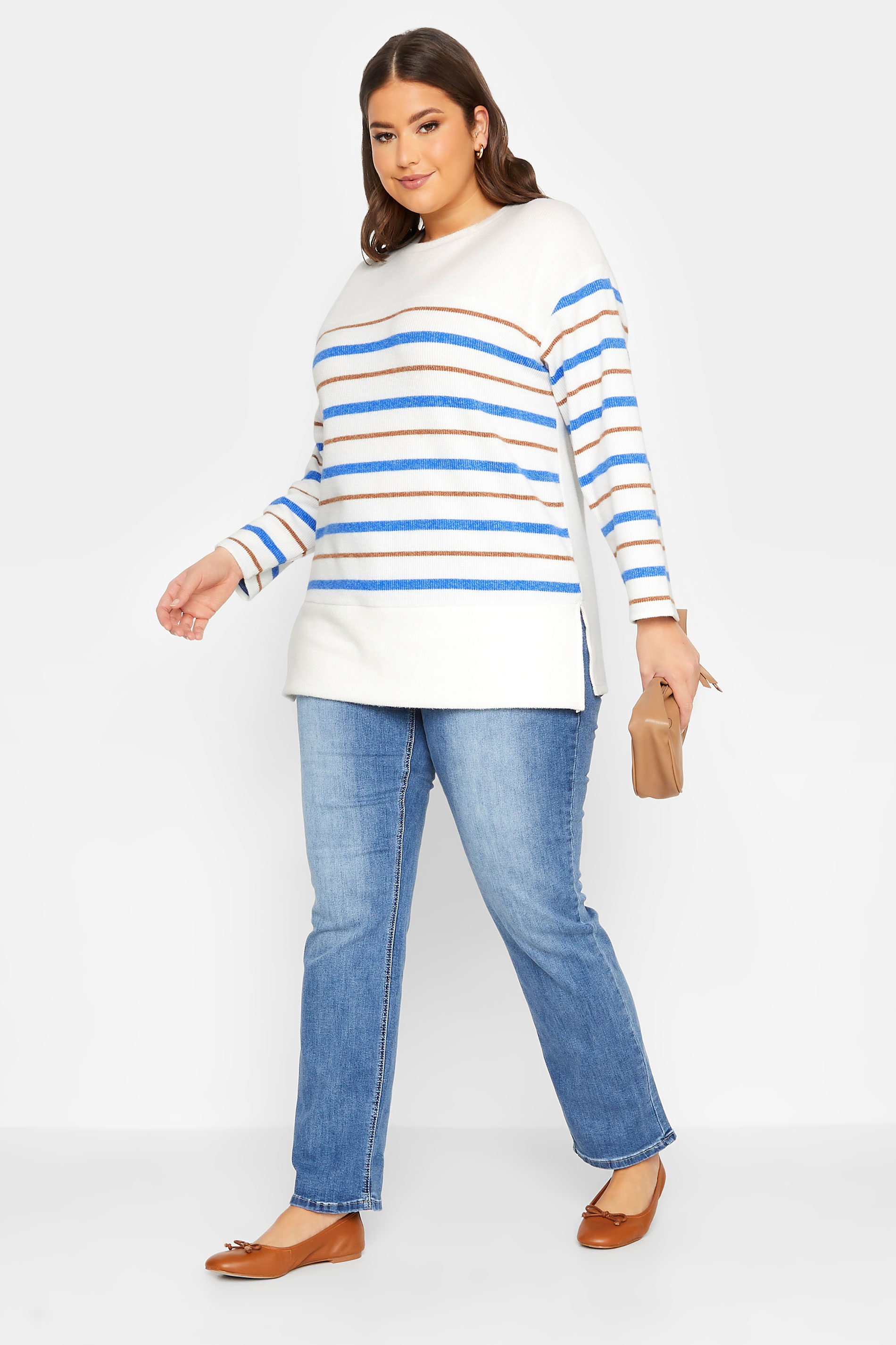 YOURS LUXURY Plus Size Curve White & Blue Stripe Jumper | Yours Clothing  2