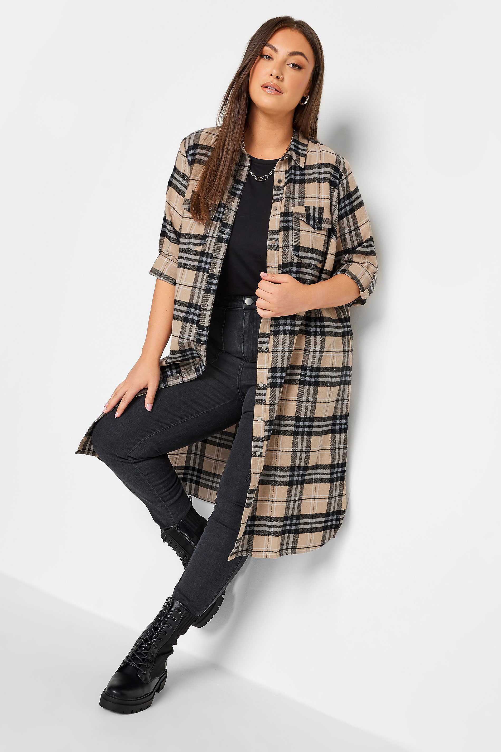 YOURS Plus Size Beige Brown Check Print Longline Shirt | Yours Clothing 1