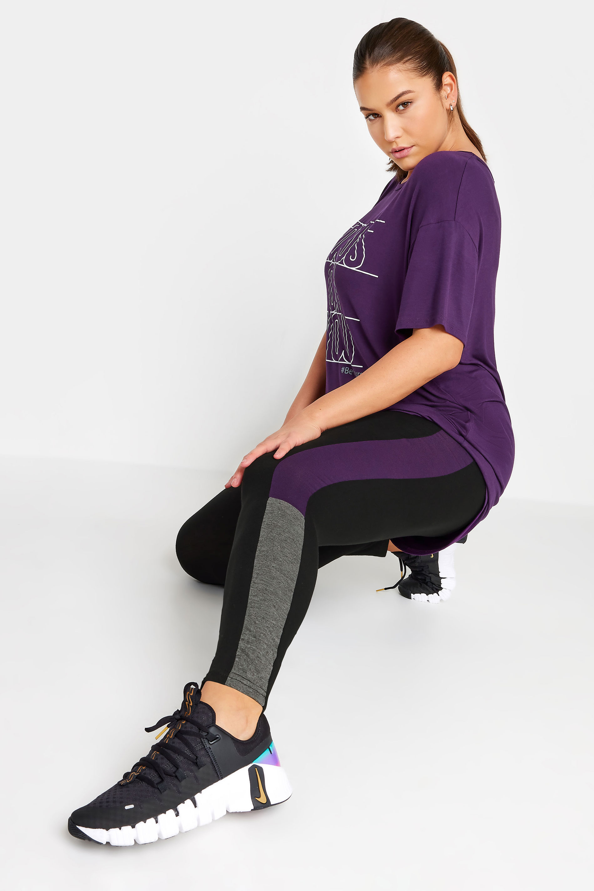 YOURS ACTIVE Plus Size Black & Purple Side Stripe Leggings | Yours Clothing 1