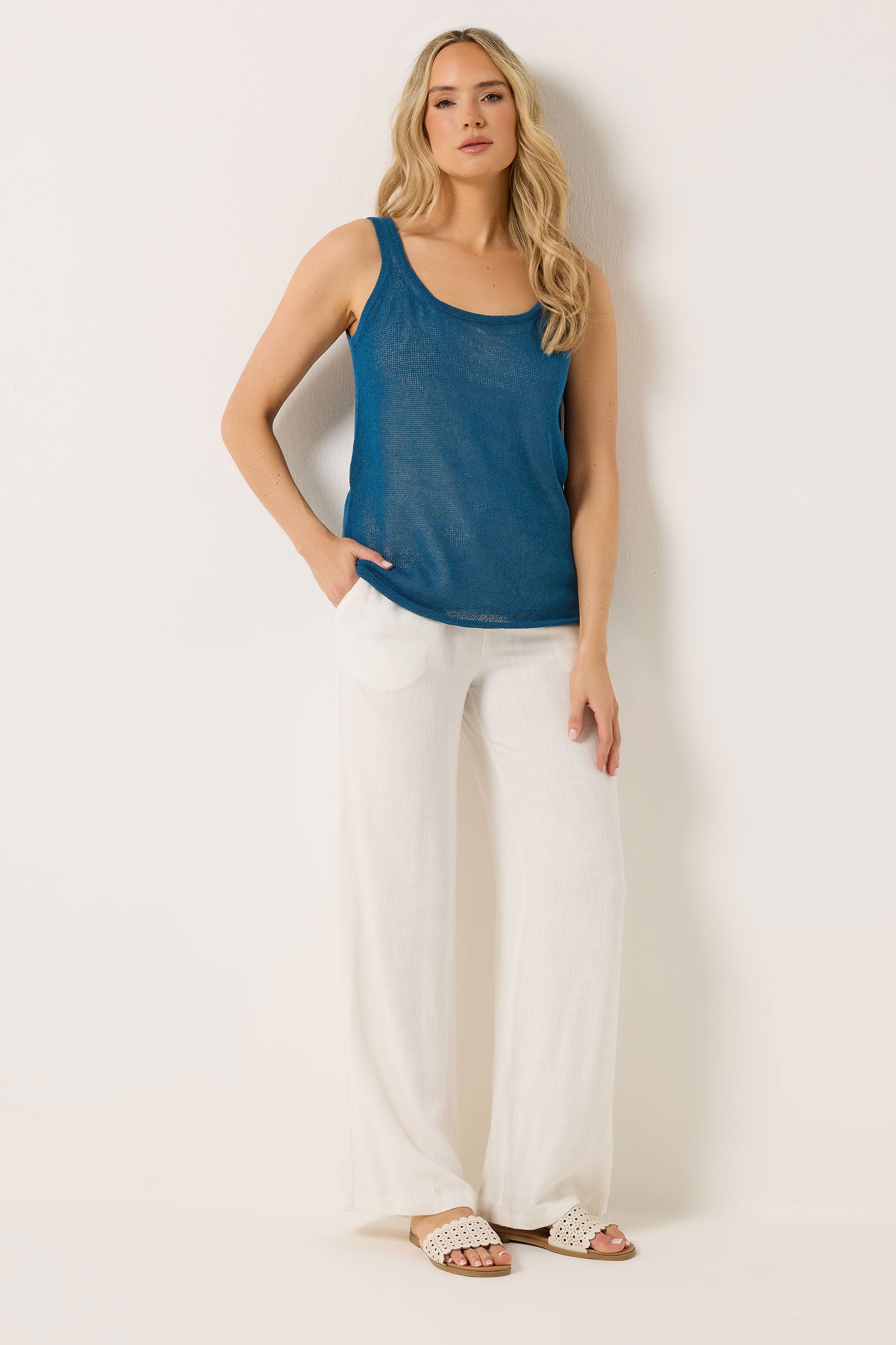 LTS PREMIUM Tall Women's Teal Blue Linen Knitted Vest Top | Long Tall Sally 1