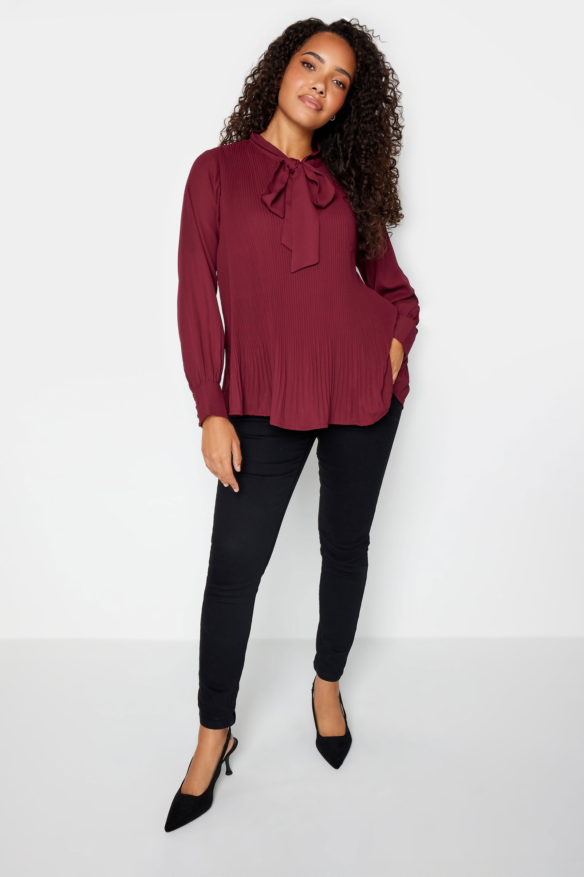 M&Co Burgundy Red Pleated Bow Neck Blouse | M&Co 2
