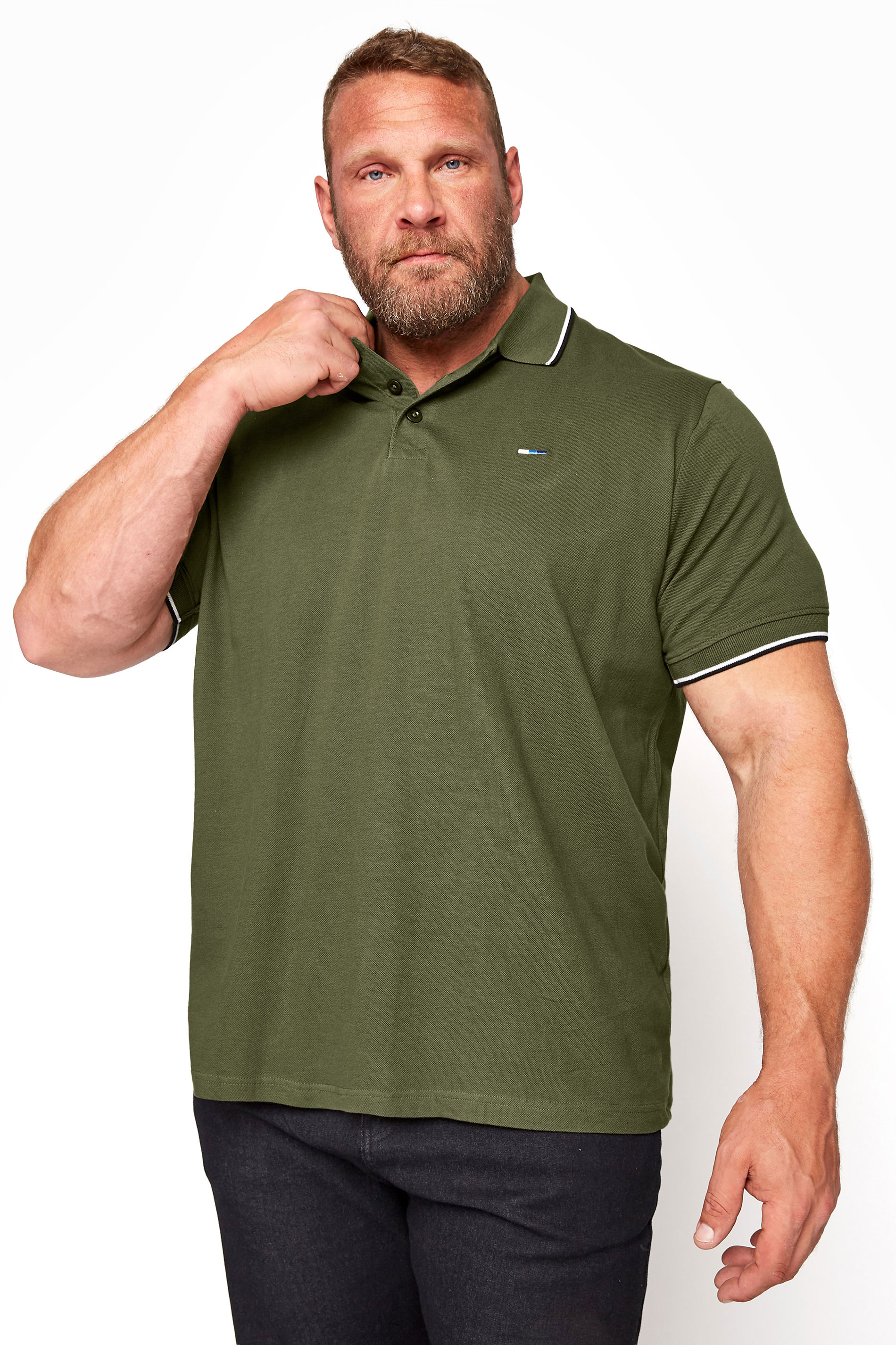 BadRhino Big & Tall Khaki Green Essential Tipped Polo Shirt 1