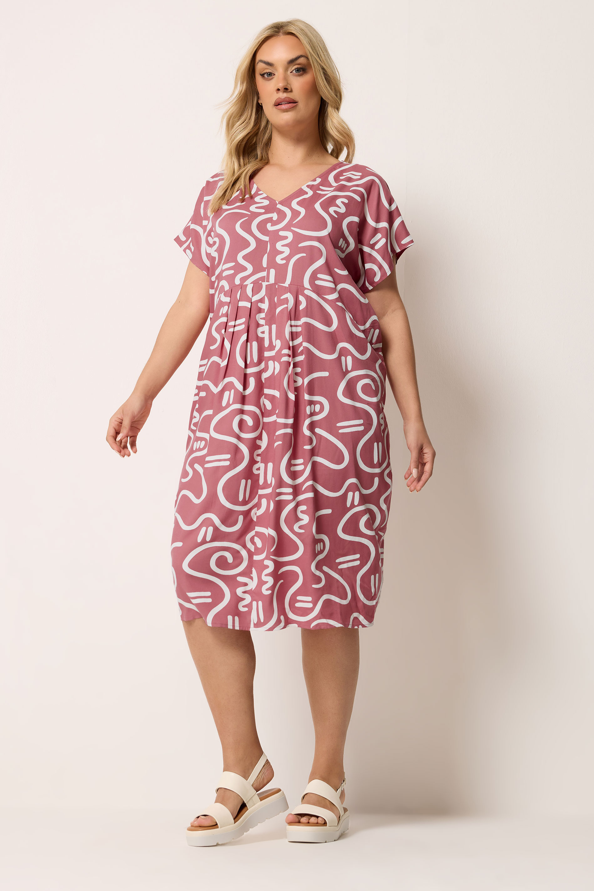 YOURS Plus Size Pink Abstract Print Pleat Front Midi Dress | Yours Clothing 1