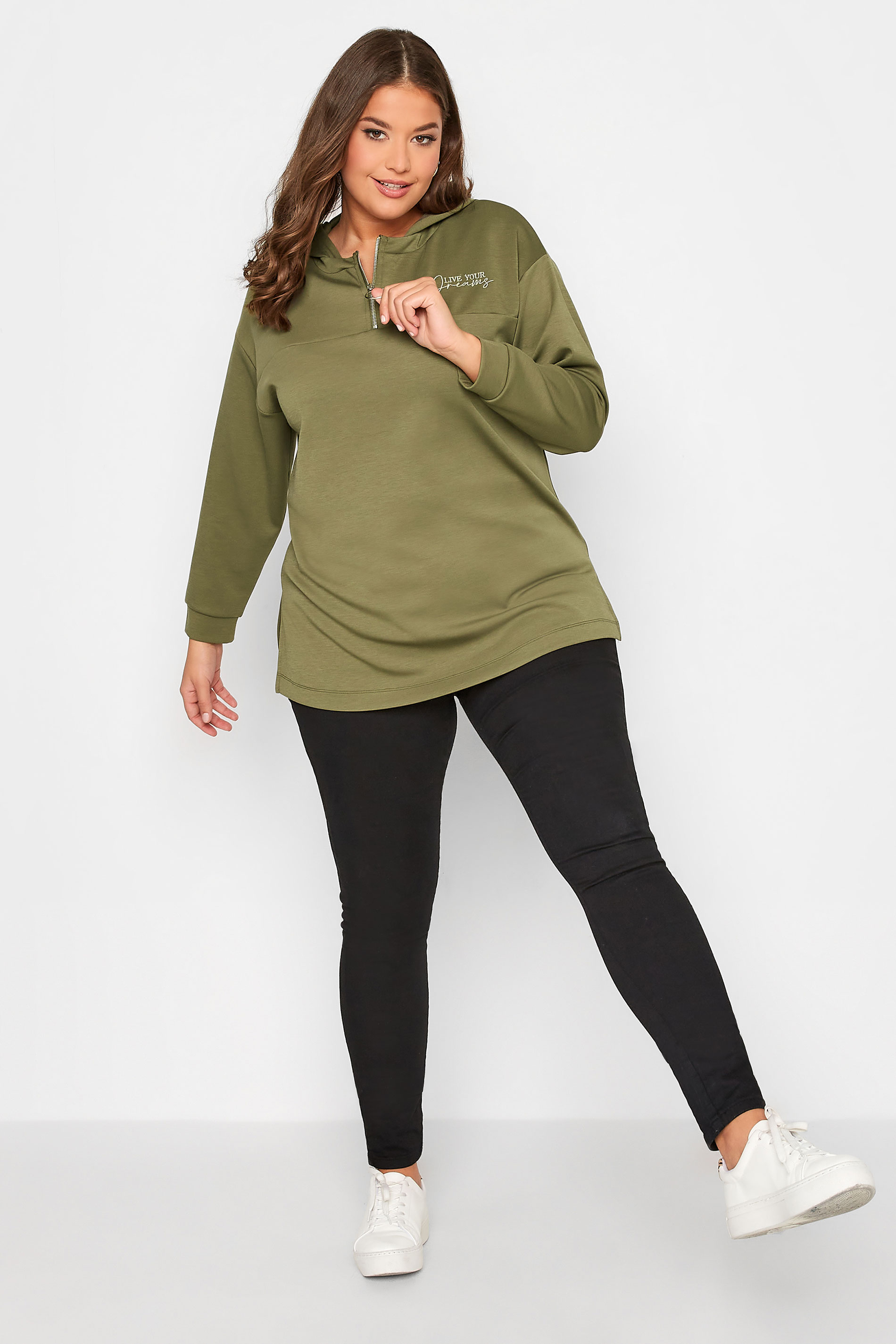 Plus Size Khaki Green 'Live Your Dreams' Zip Detail Hoodie | Yours Clothing 2