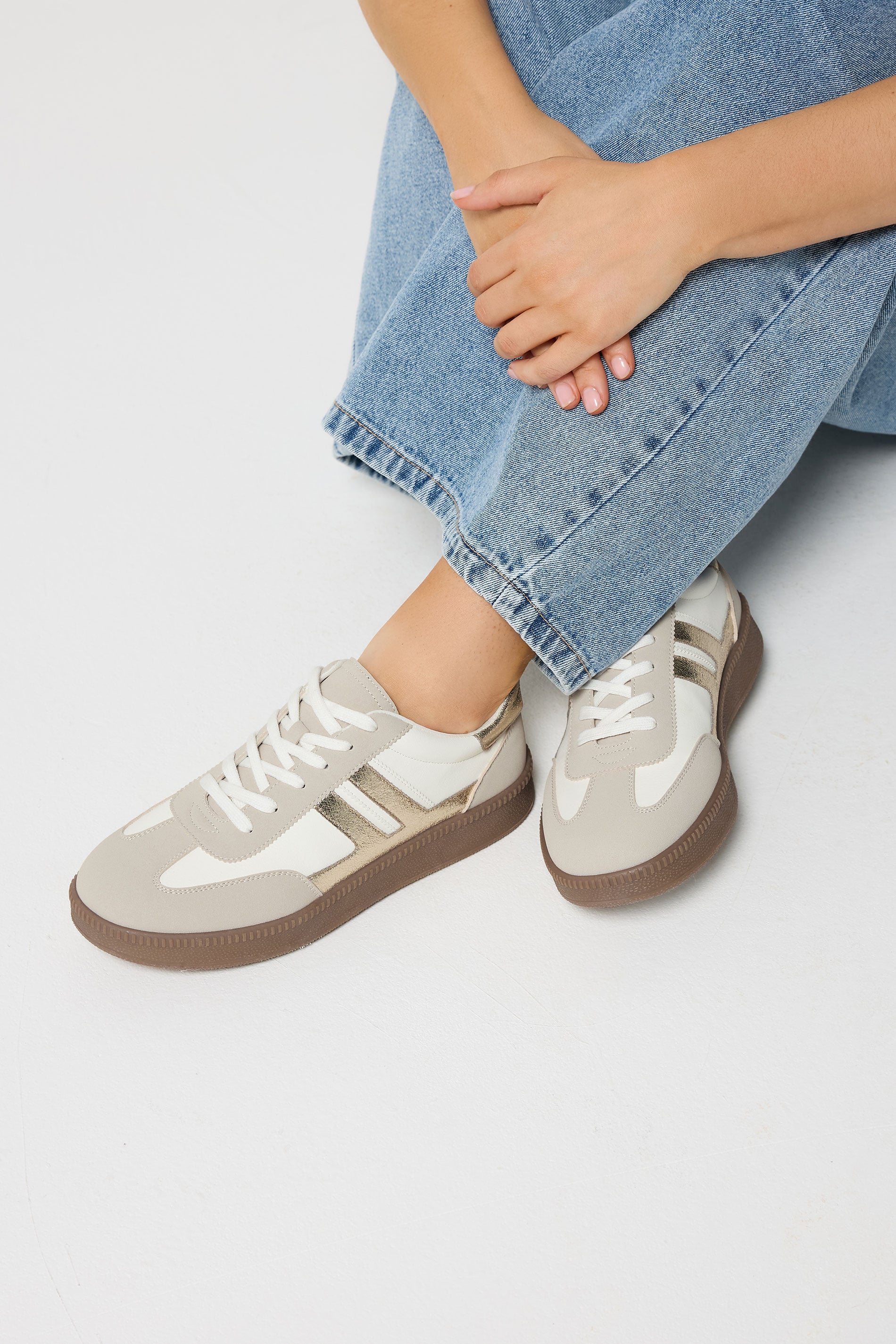 White Metallic Side Stripe Lace Up Trainer In Wide E Fit | Yours Clothing 3