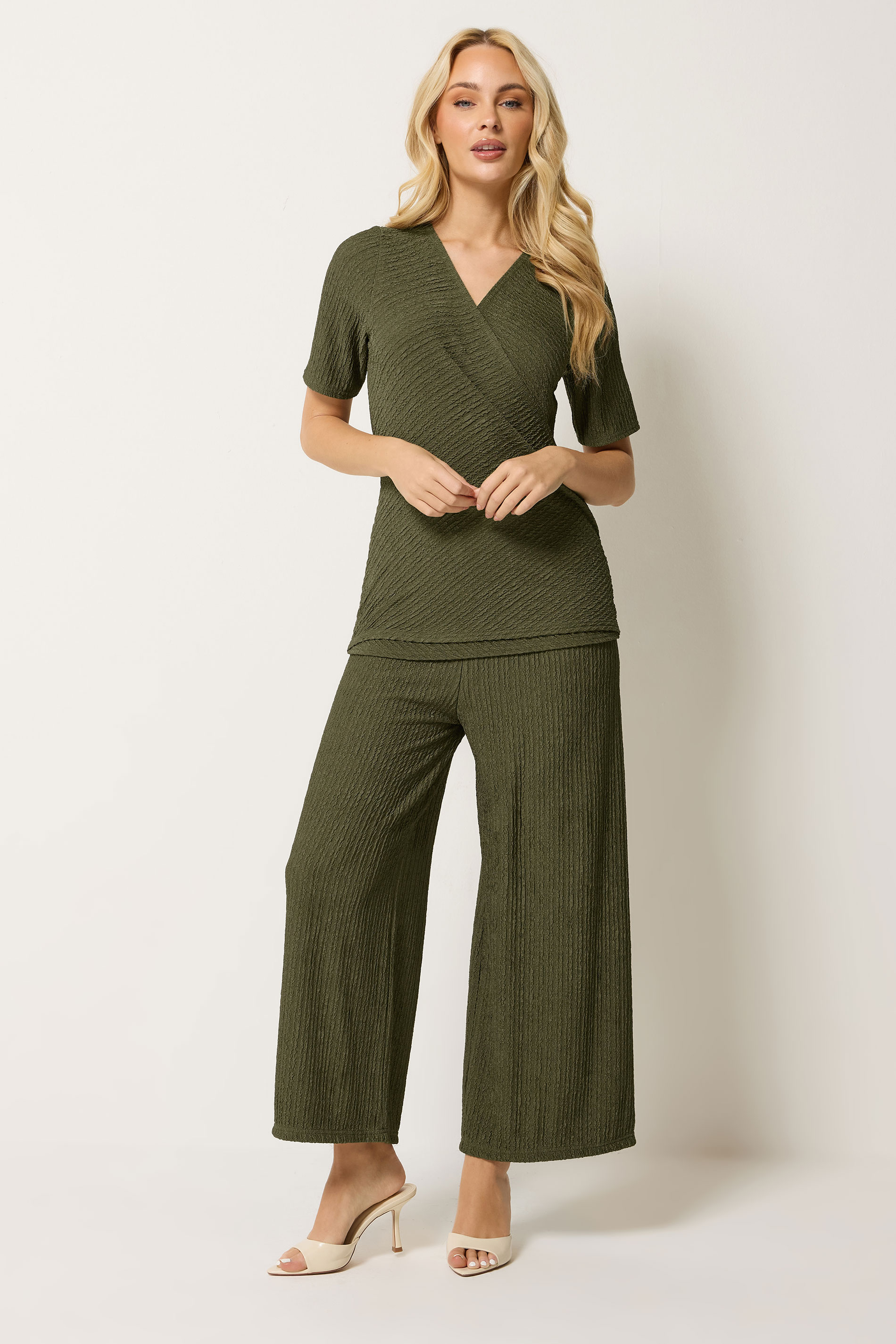M&Co Khaki Green Textured Top and Trousers Set | M&Co 3