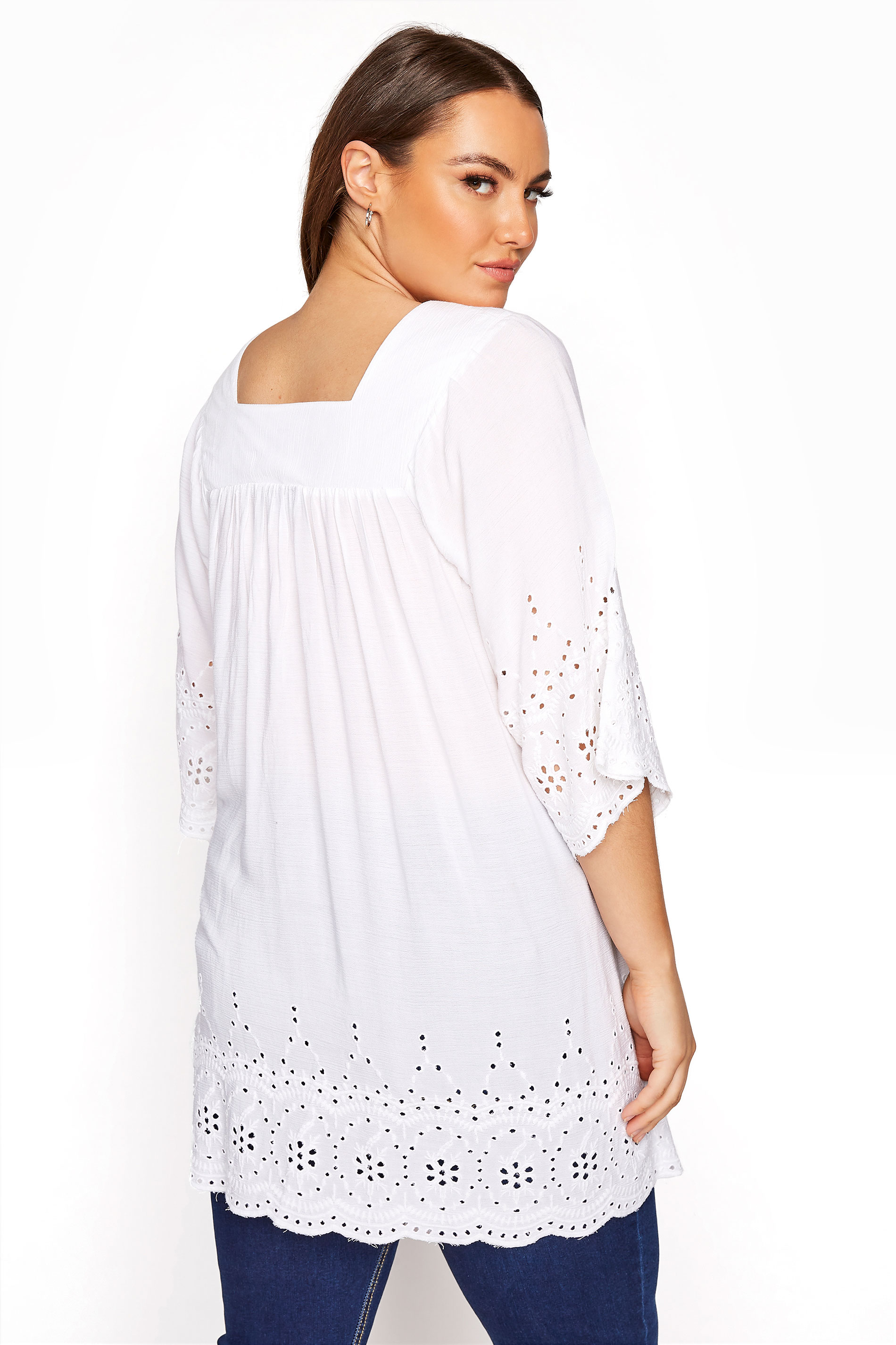 Grande taille  Tops Grande taille  Tops Casual | Top Blanc Broderie Anglaise Encolures Carrée - KB31196