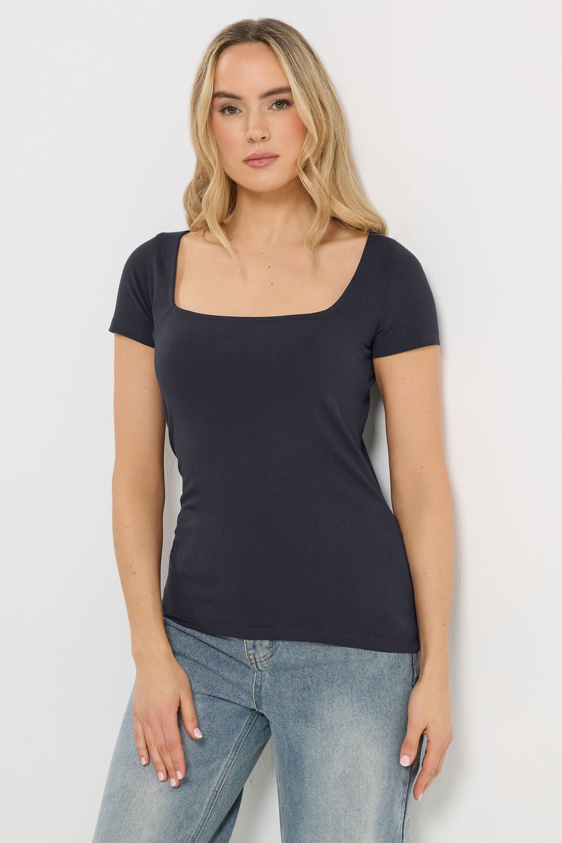 LTS Tall 2 PACK Navy Blue & White Fitted Square Neck Tops | Long Tall Sally 1