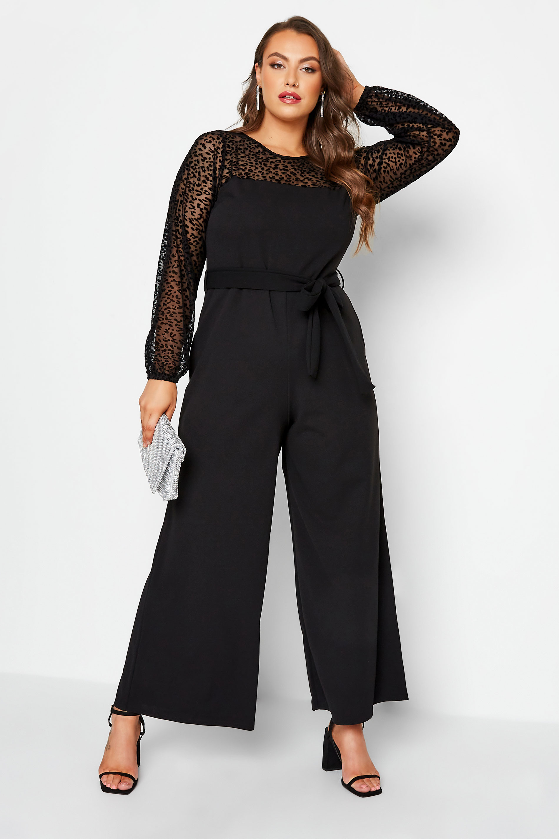 YOURS LONDON Plus Size Black Flocked Leopard Print Jumpsuit | Yours Clothing 1