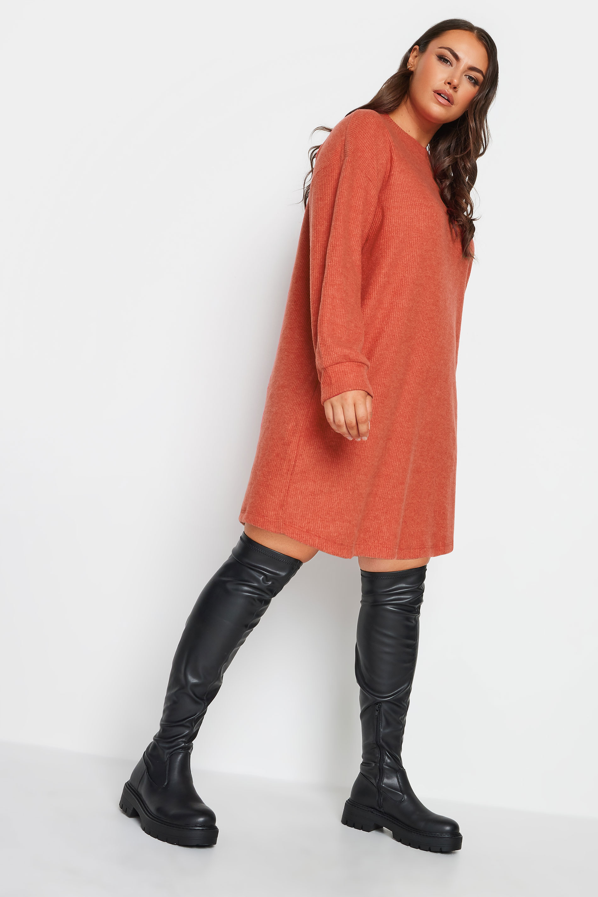YOURS Curve Orange Soft Touch Ribbed Jumper Dress | Yours Clothing 2