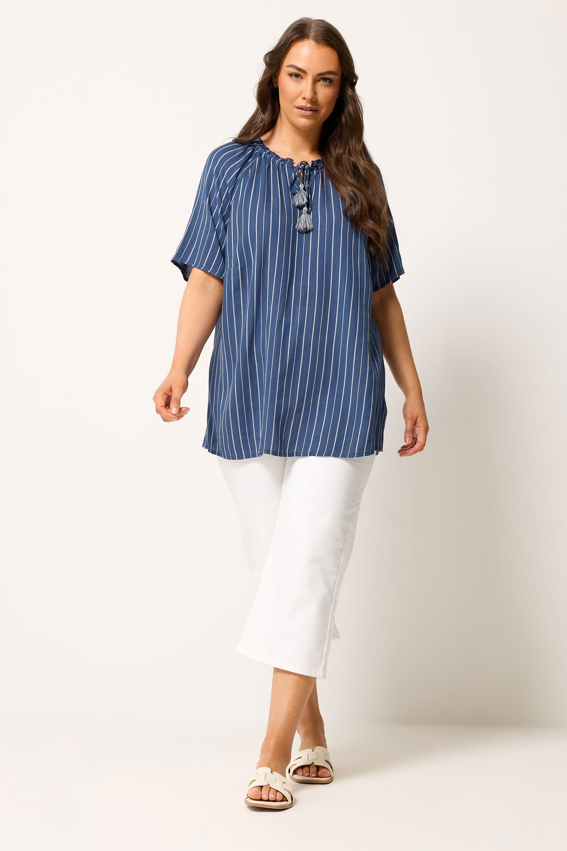 YOURS Plus Size Navy Blue Stripe Notch Neck Embroidered Blouse | Yours Clothing 1