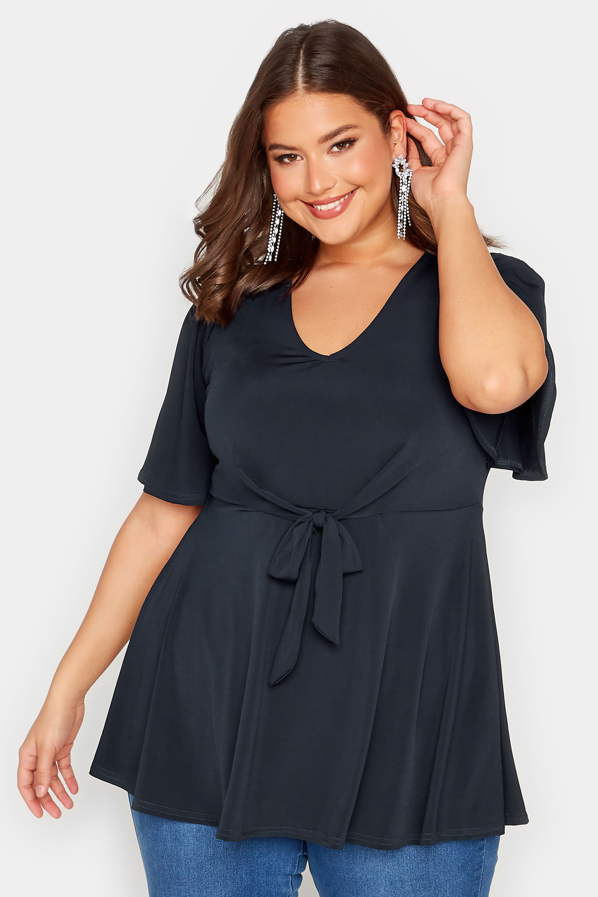 YOURS LONDON Plus Size Navy Blue Tie Front Angel Sleeve Top | Yours Clothing 1