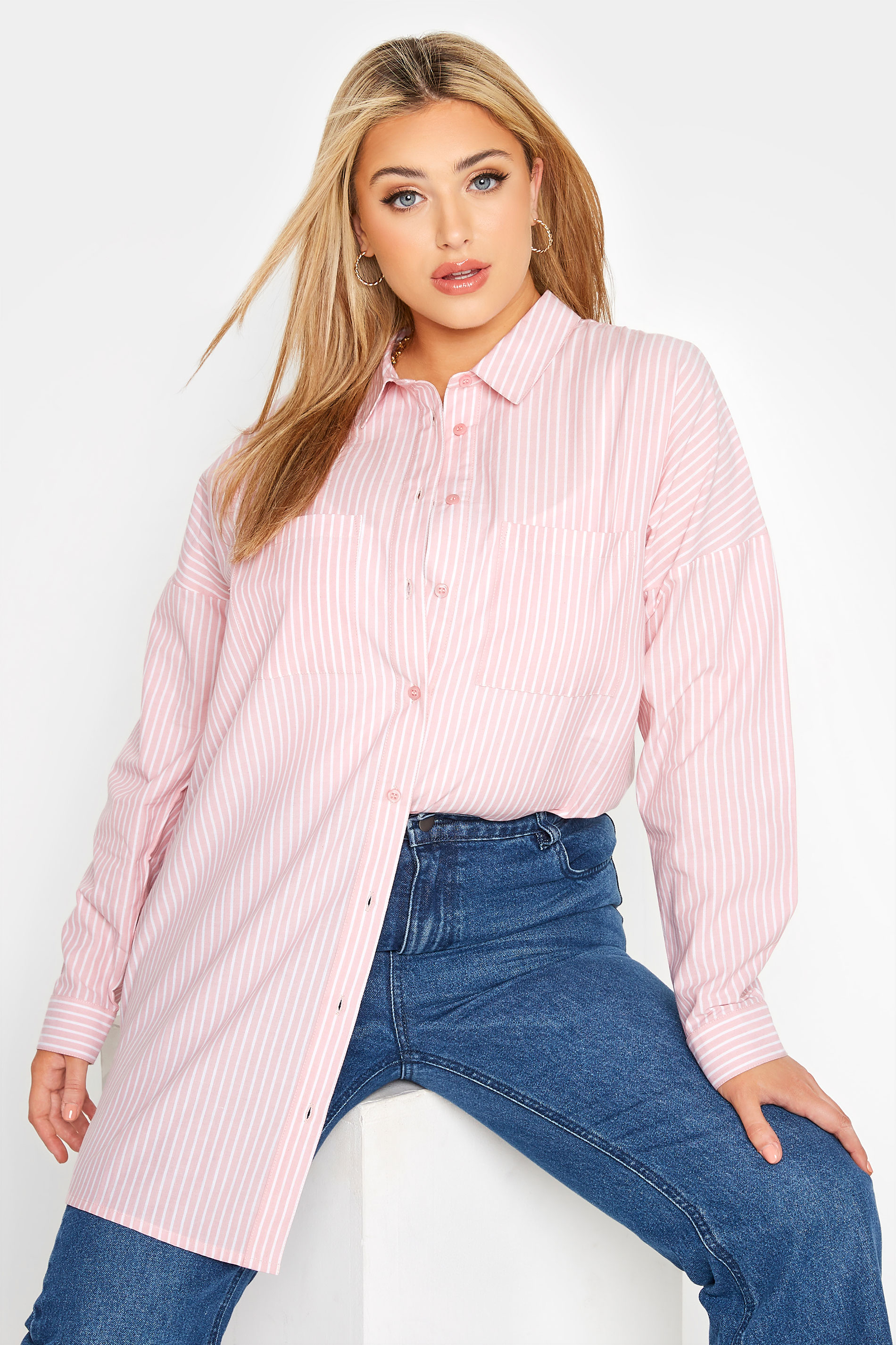 YOURS FOR GOOD Curve Pink Stripe Oversized Shirt 1
