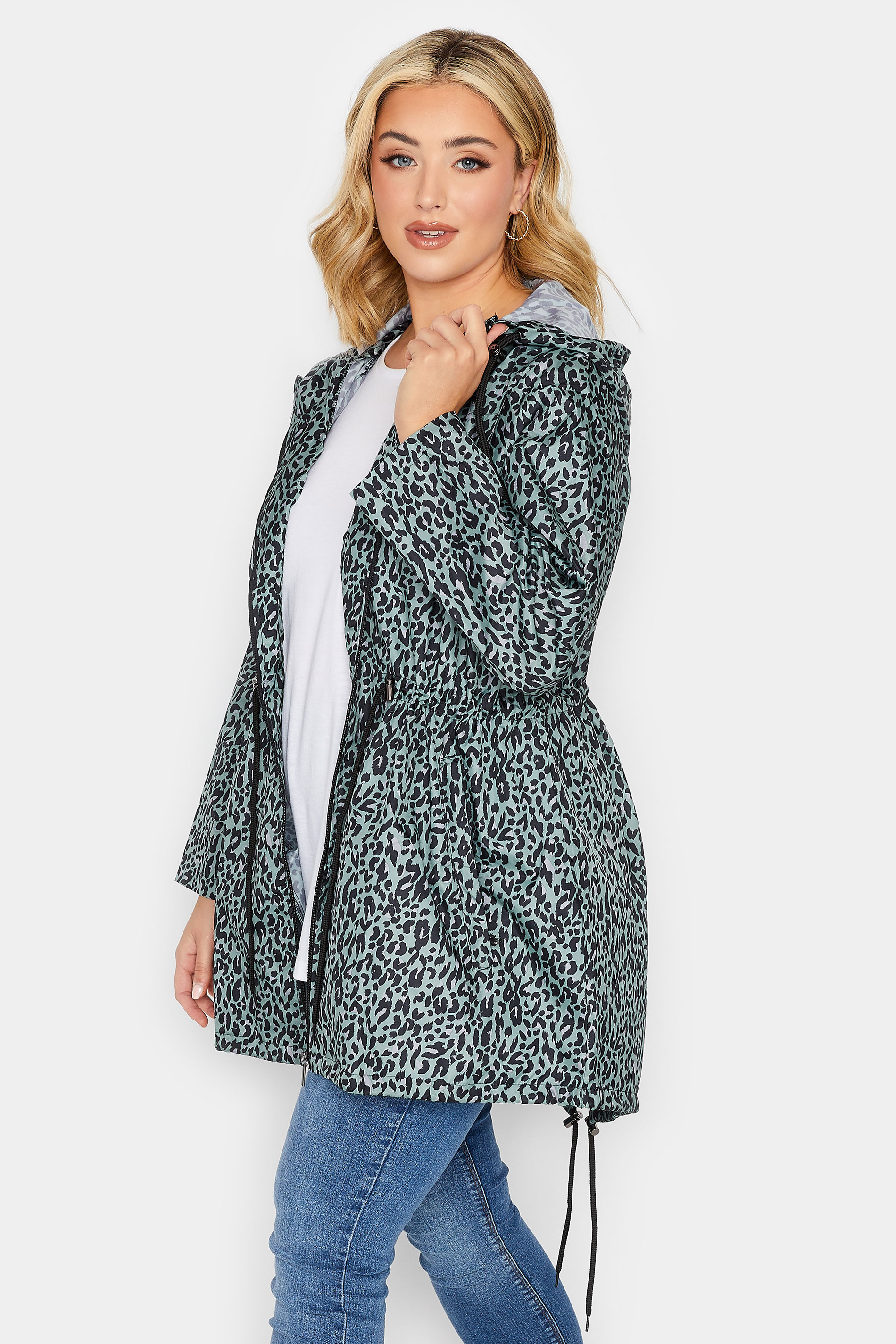 YOURS PETITE Plus Size Green Leopard Print Pocket Parka | Yours Clothing 1