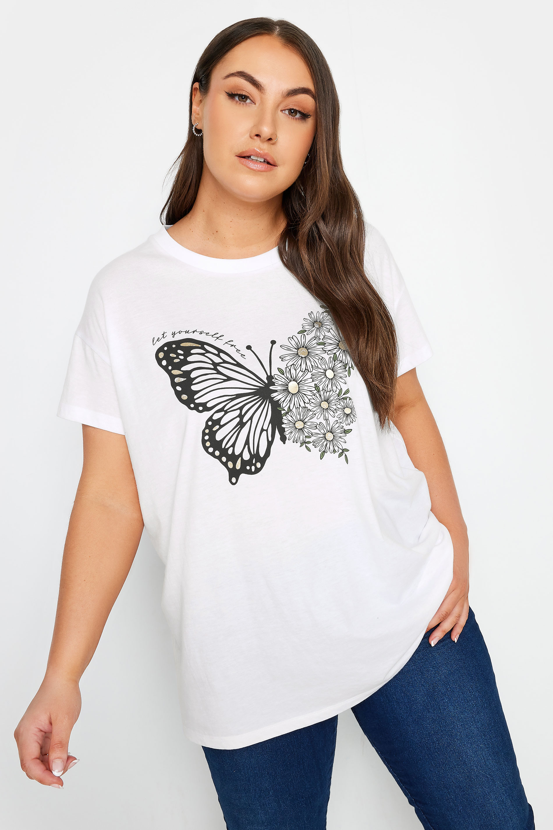YOURS Plus Size White Floral Butterfly Print T-Shirt | Yours Clothing 1