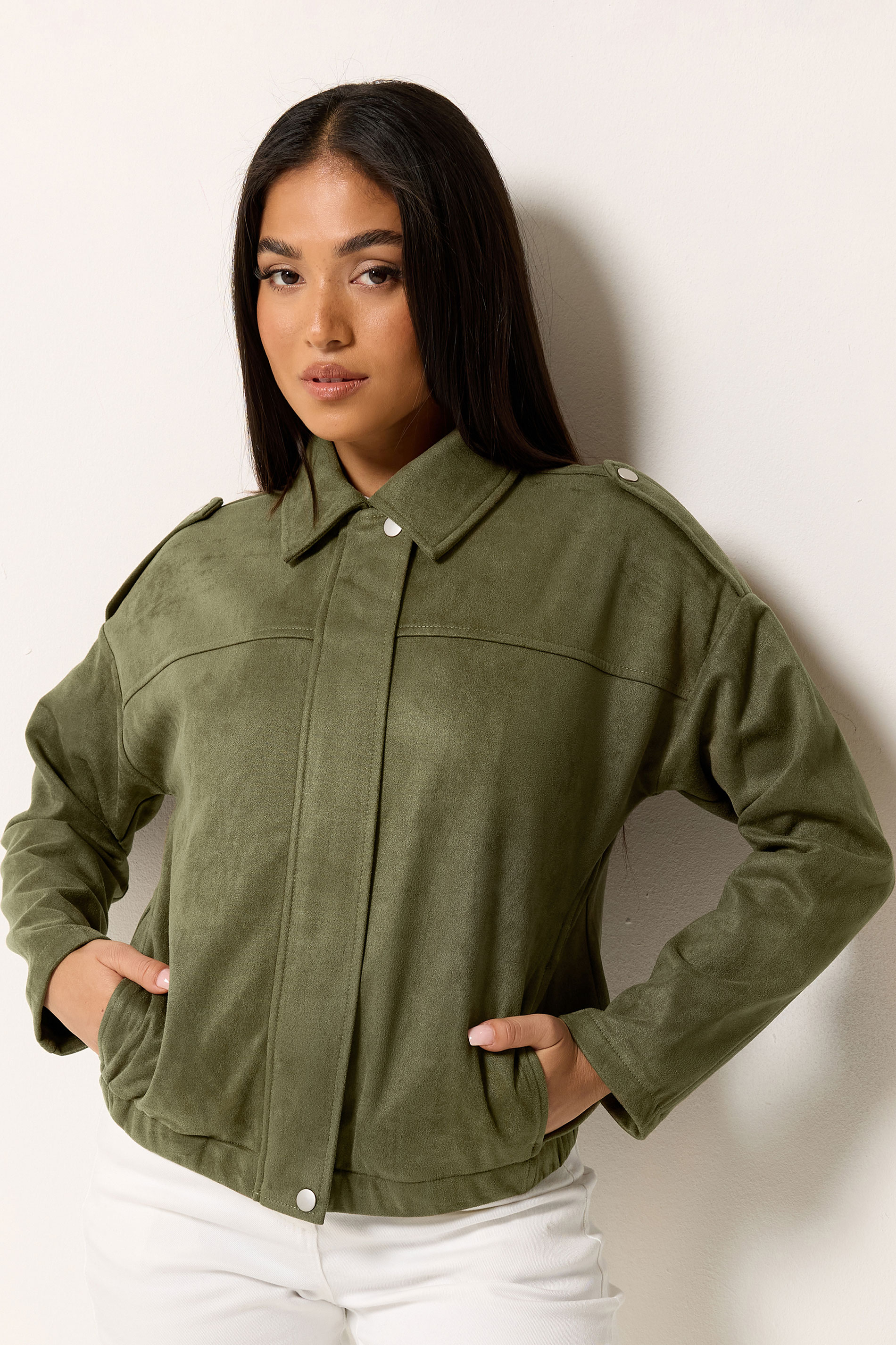 M&Co Petite Khaki Green Faux Suede Bomber Jacket | M&Co 5