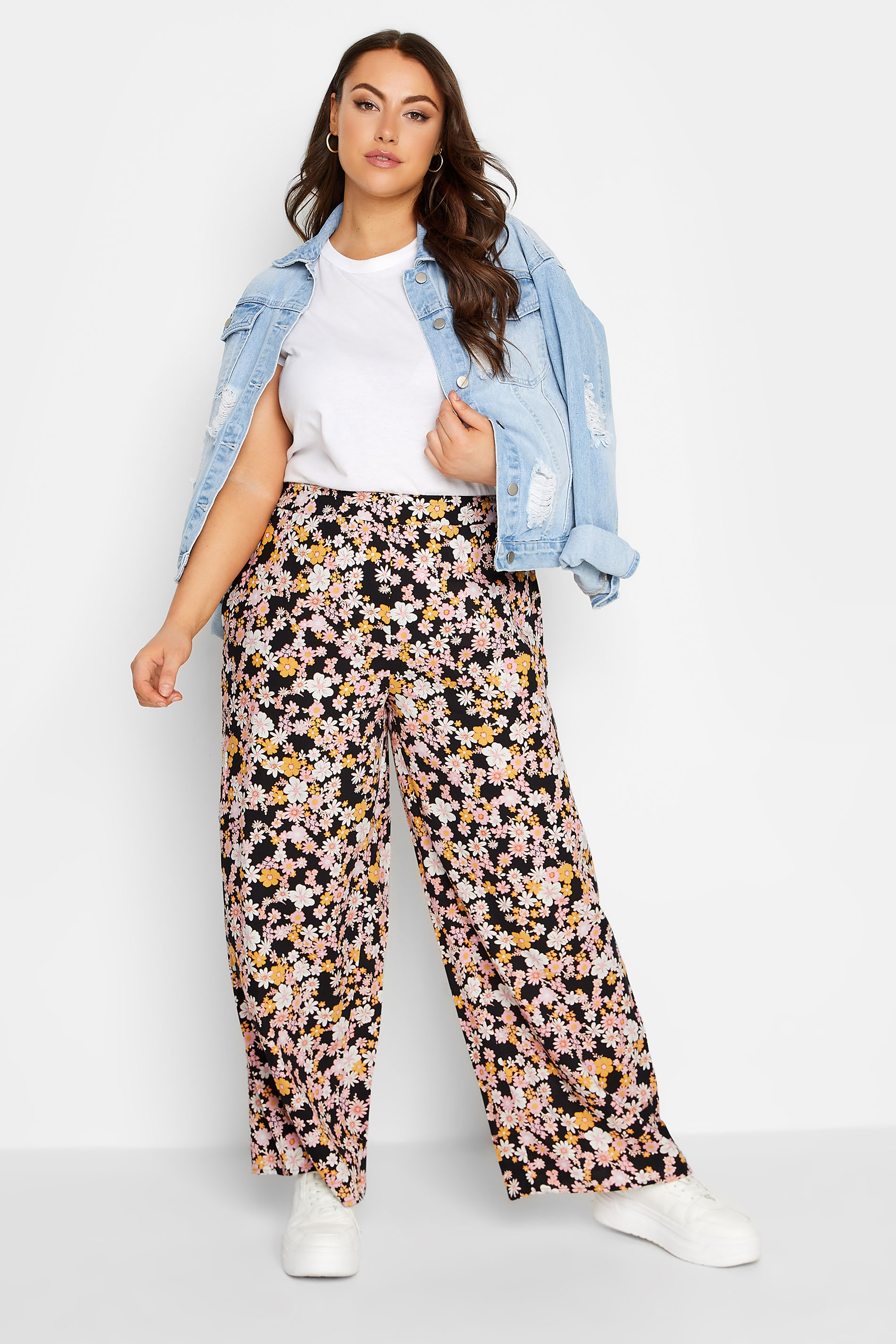 YOURS Plus Size Black Floral Wide Leg Trousers | Yours Clothing 2