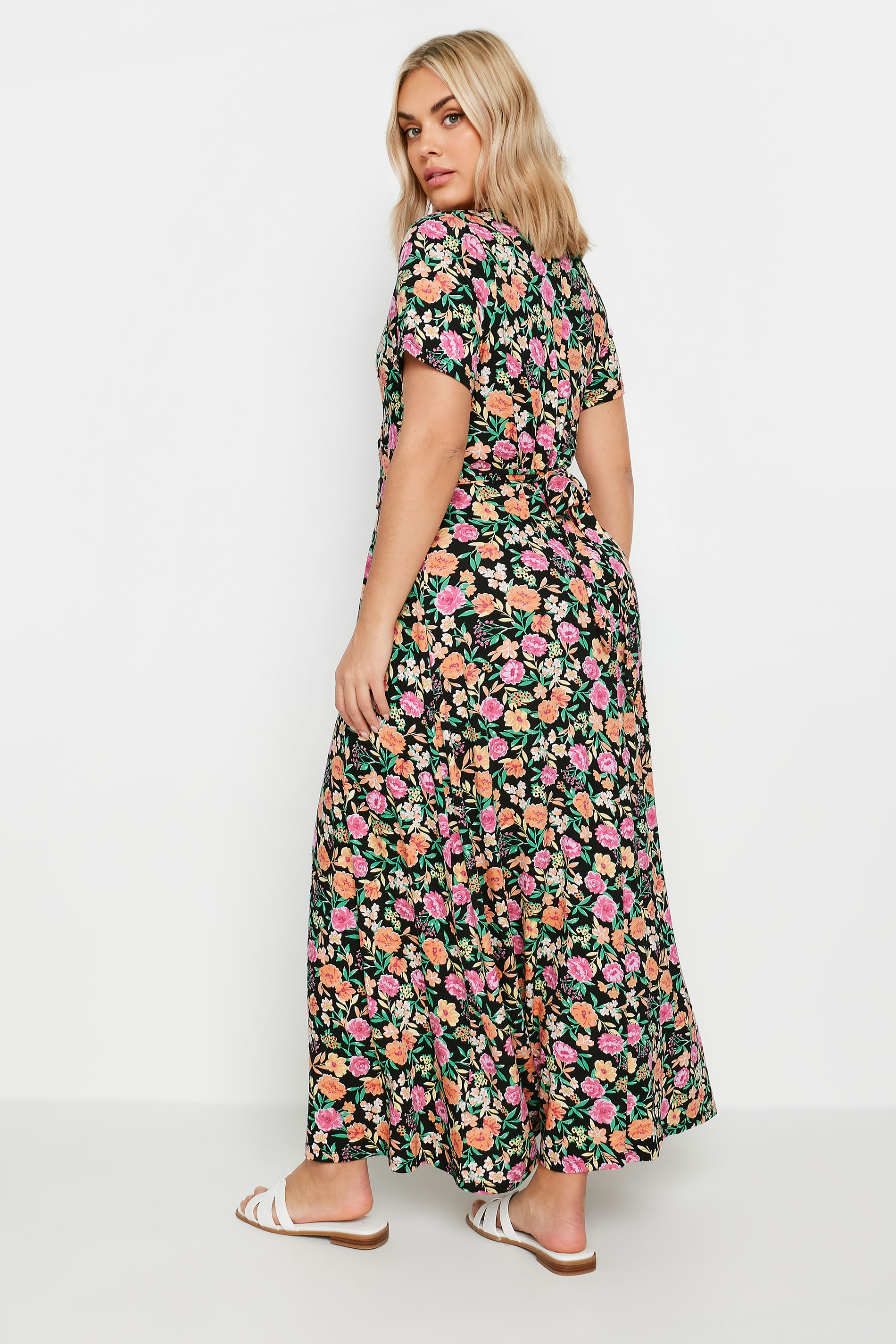 YOURS Plus Size Pink & Orange Floral Print Wrap Maxi Dress | Yours Clothing 3