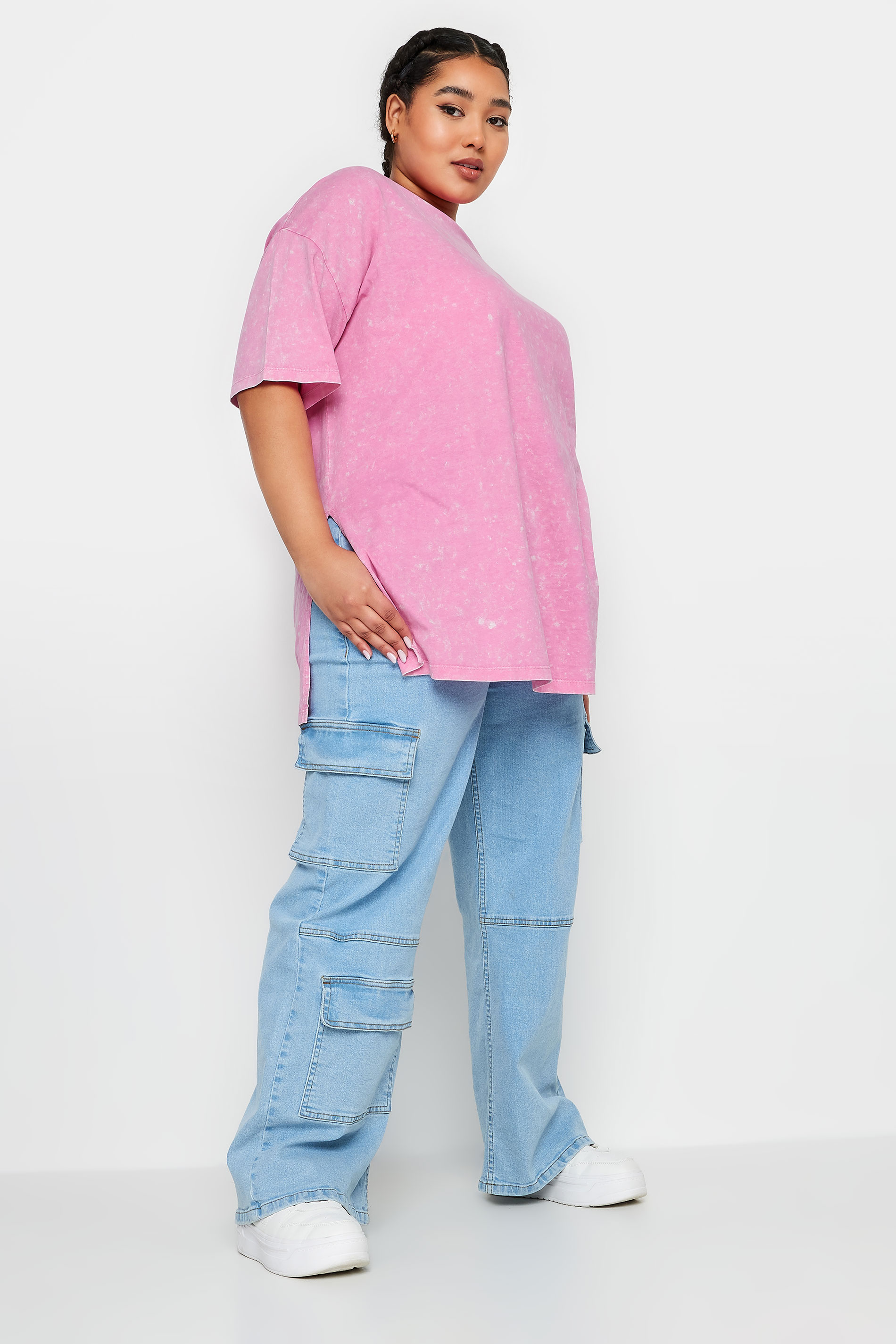 YOURS Plus Size Pink Acid Wash Split Hem Oversized T-Shirt | Yours Clothing 2
