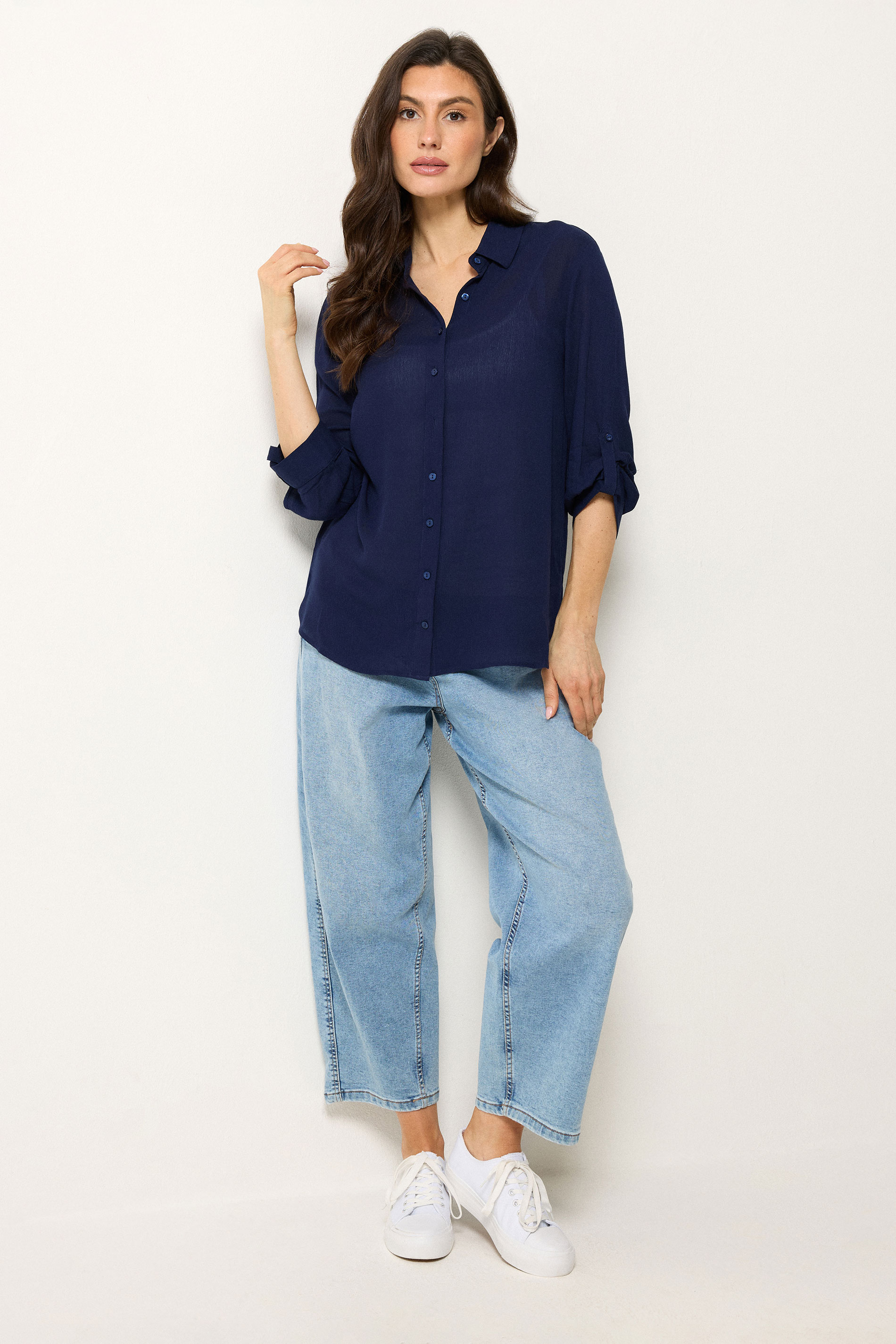 M&Co Navy Blue Crinkle Tab Sleeve Shirt | M&Co 1
