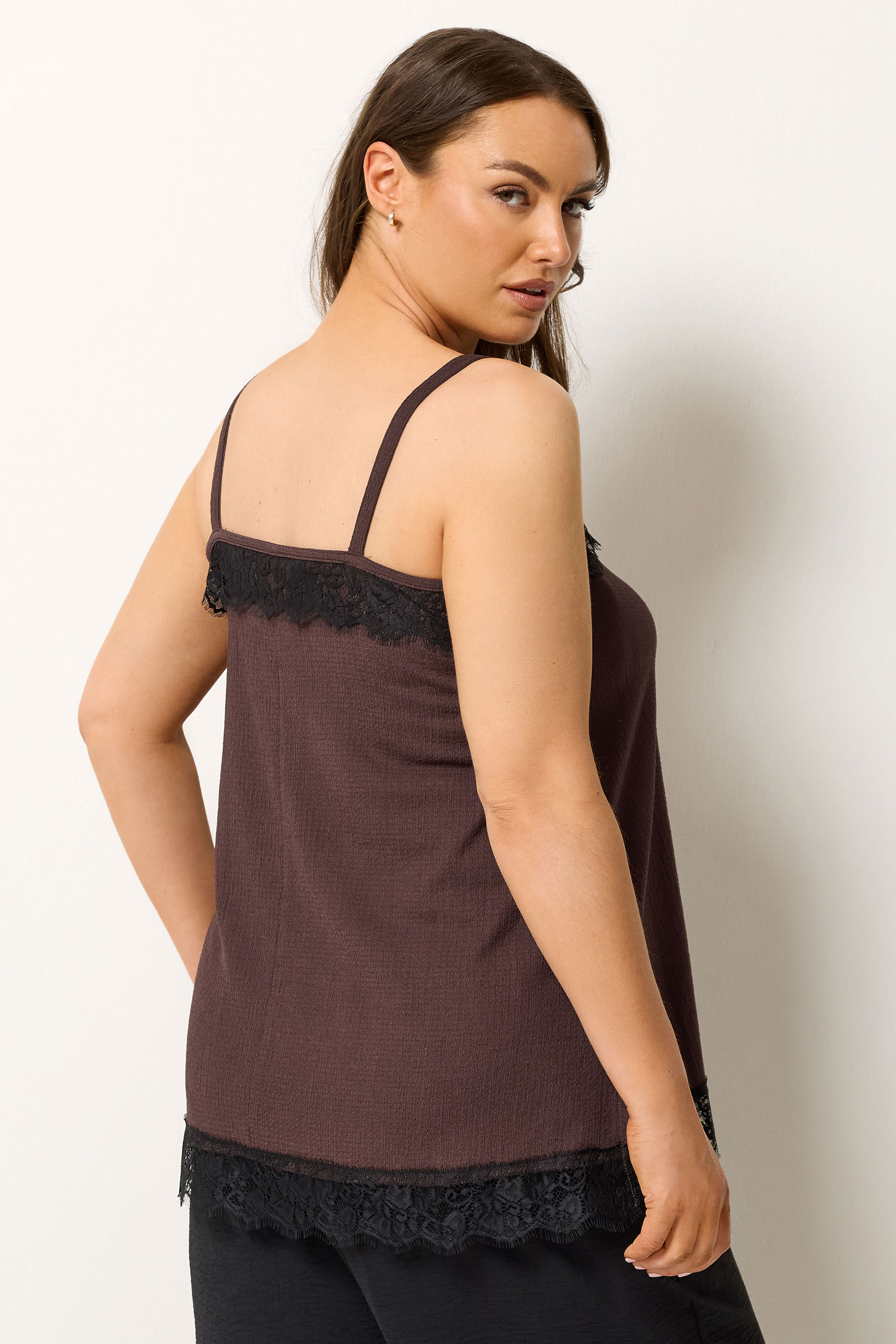 YOURS Plus Size Chocolate Brown Lace Detail Vest Top | Yours Clothing 2