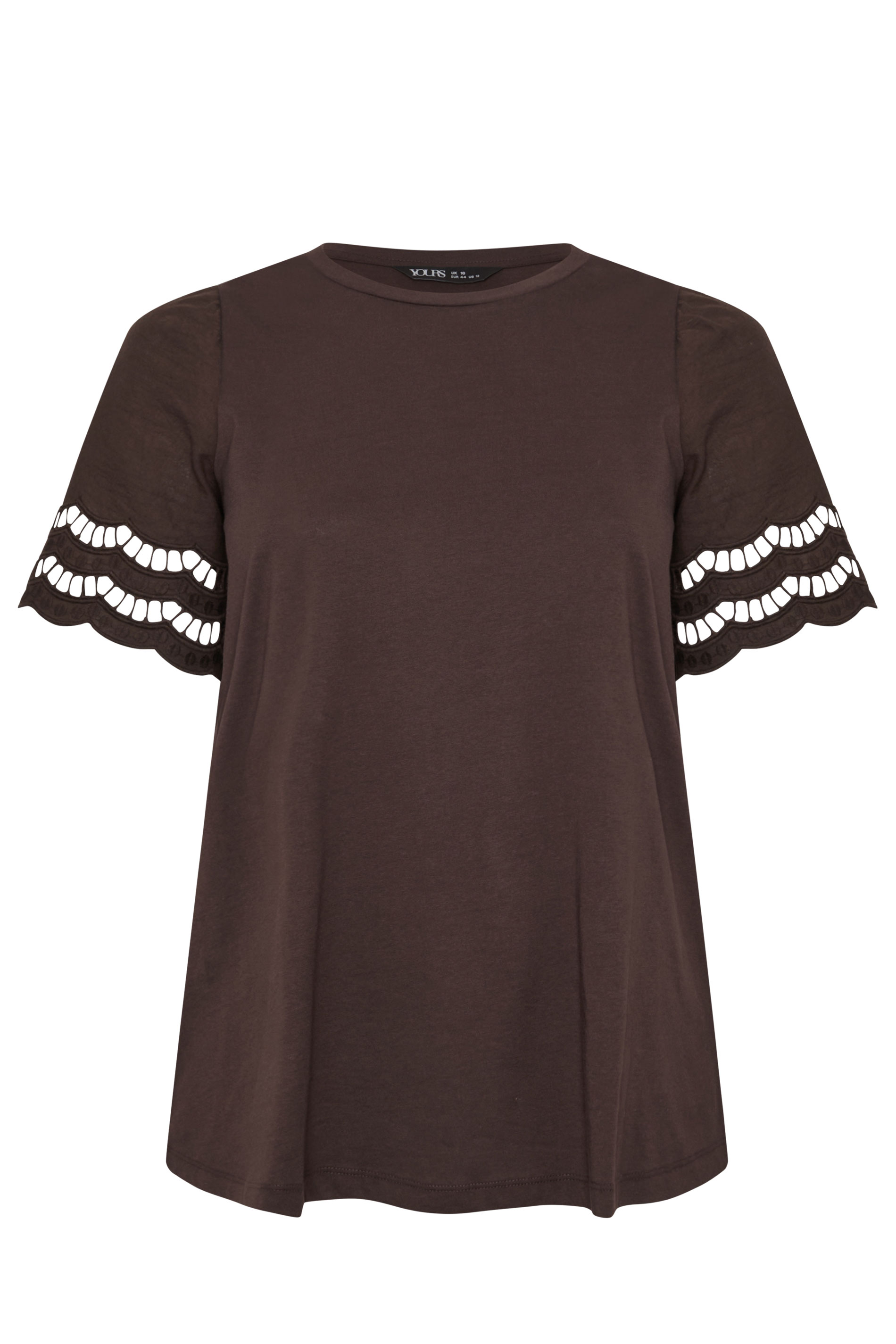 YOURS Plus Size Brown Broderie Anglaise Angel Sleeve T-Shirt | Yours Clothing 5
