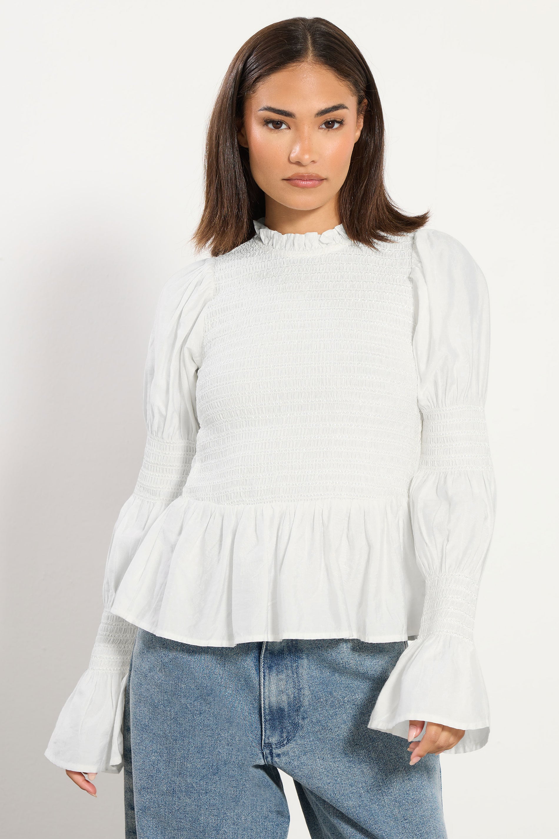 PixieGirl Petite Women's White Shirred Peplum Smock Top | PixieGirl 7