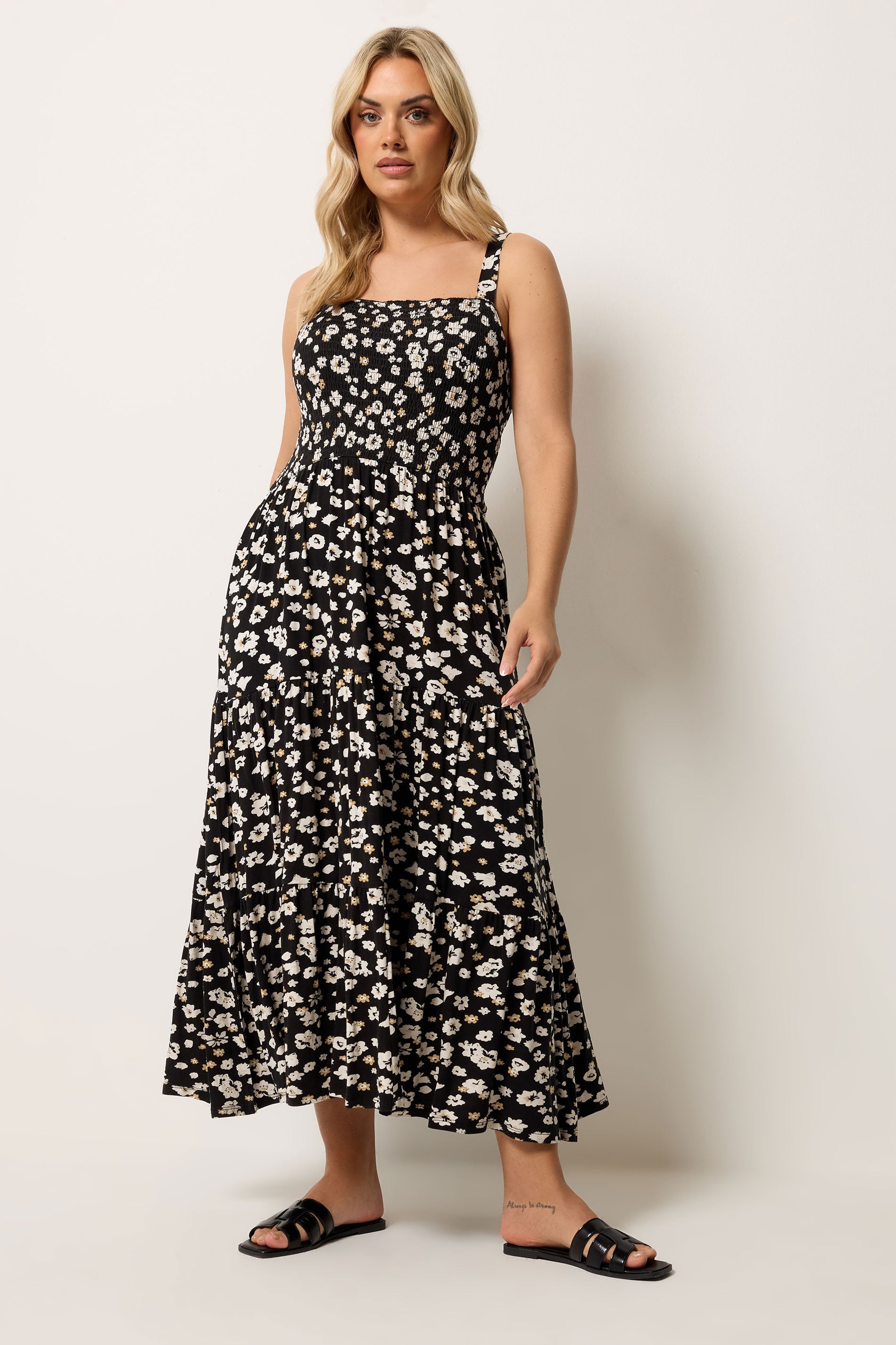 YOURS Plus Size Black Floral Shirred Midi Dress | Yours Clothing 1