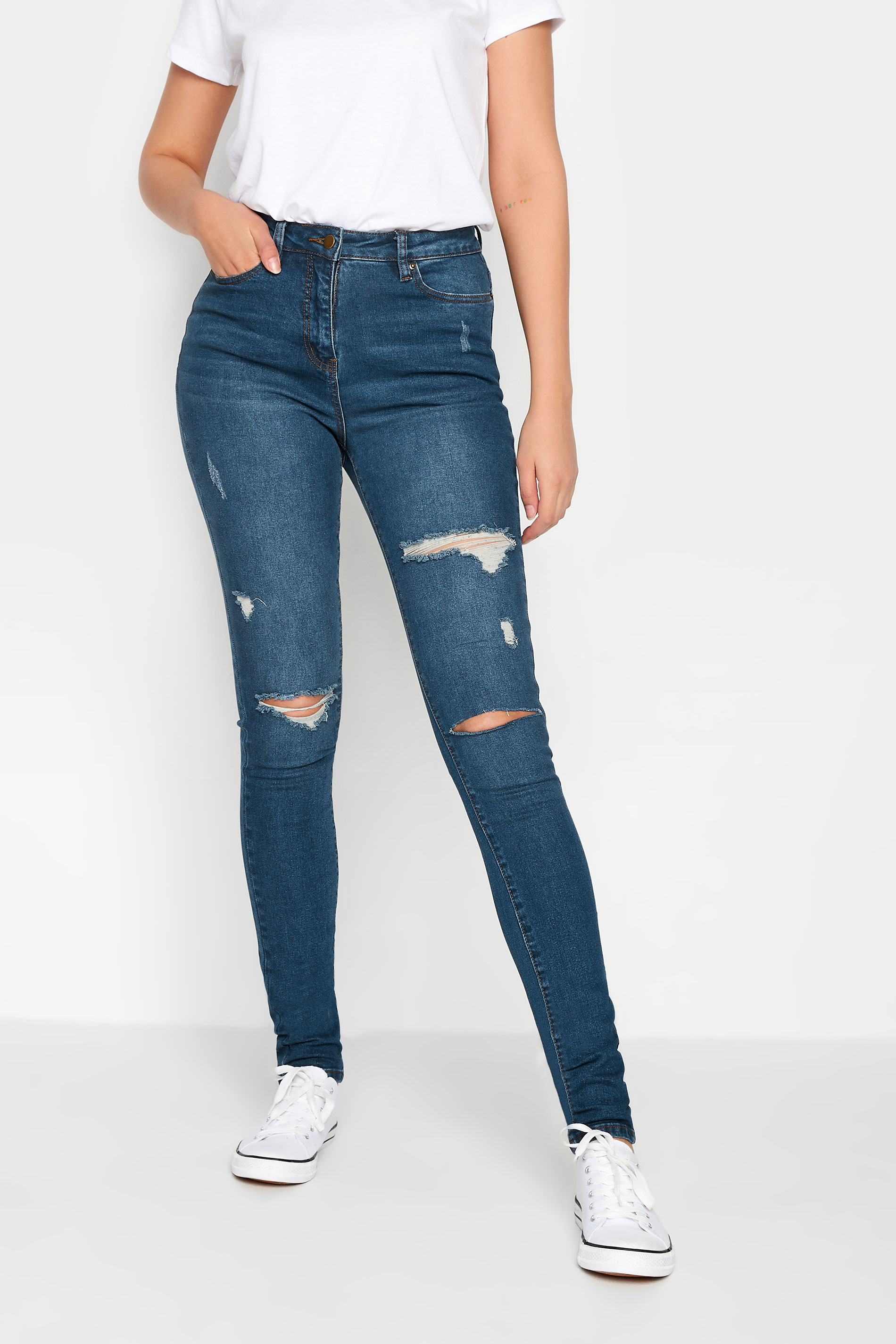 LTS Tall Women's Mid Blue Distressed AVA Skinny Jeans | Long Tall Sally 1
