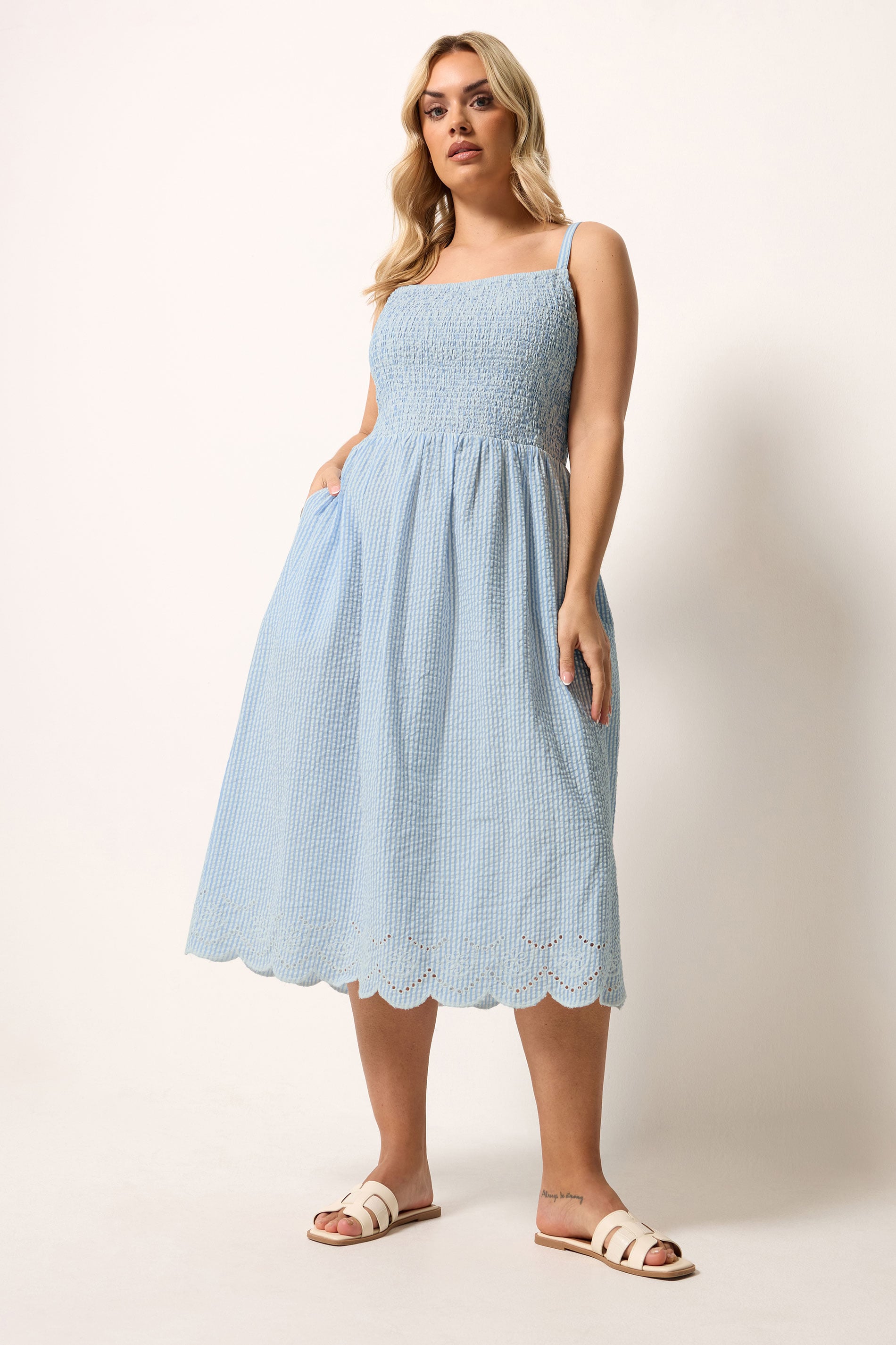 YOURS Plus Size Blue Stripe Shirred Dress | Yours Clothing 1