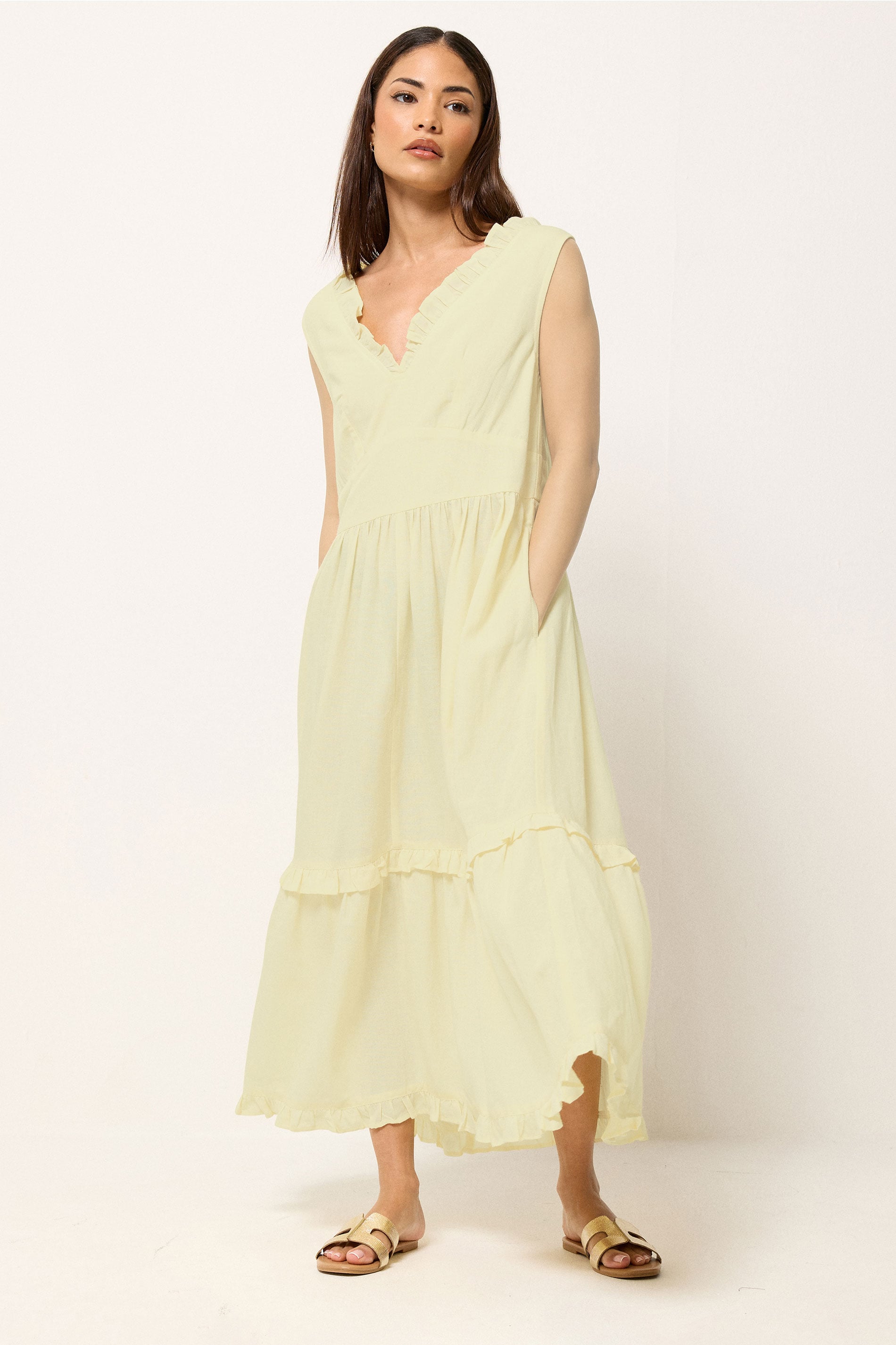 PixieGirl Petite Women's Yellow Ruffle Tie Back Midi Dress | PixieGirl 1