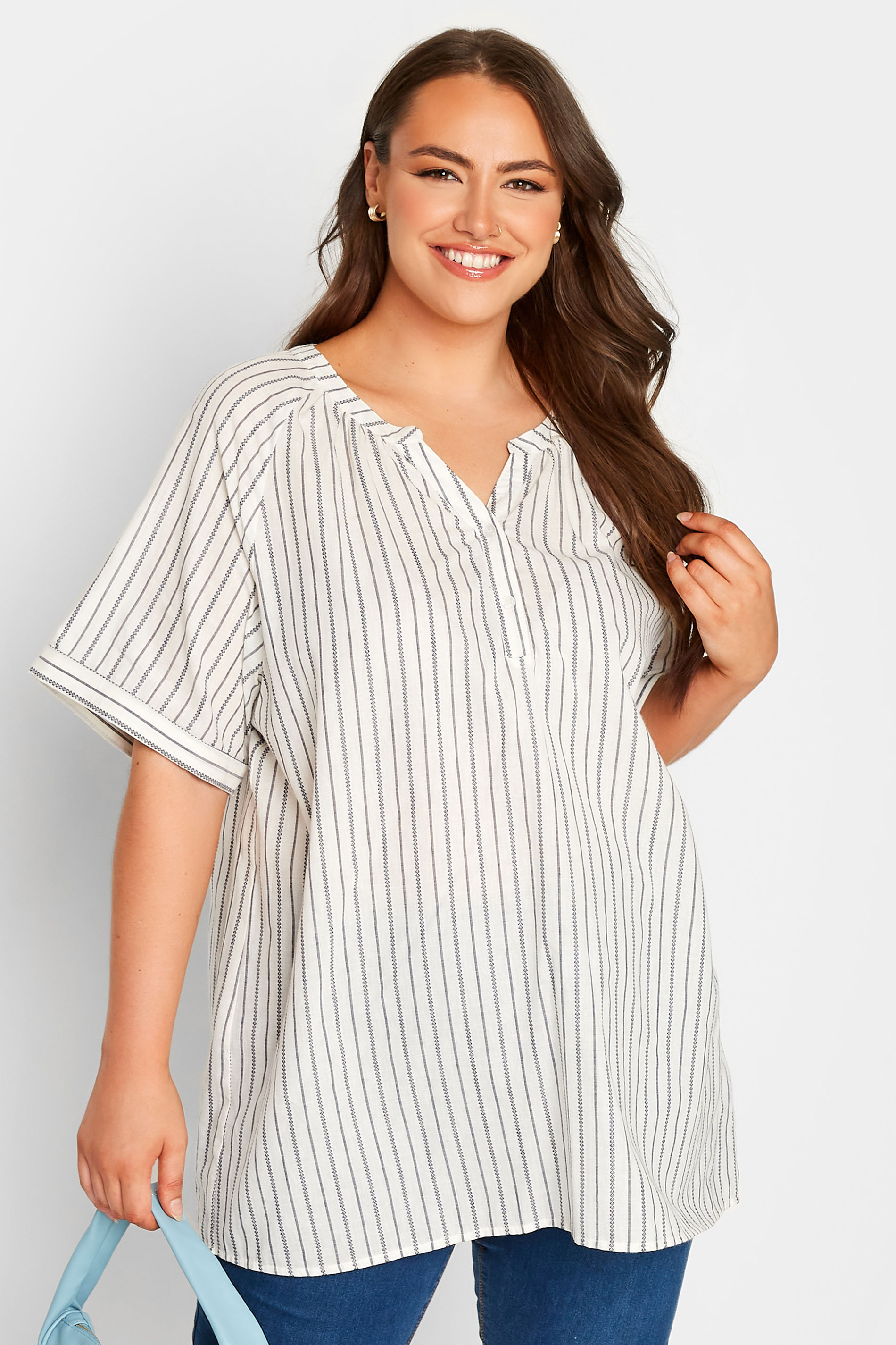 Plus Size White Stripe Cotton Placket Top | Yours Clothing 1