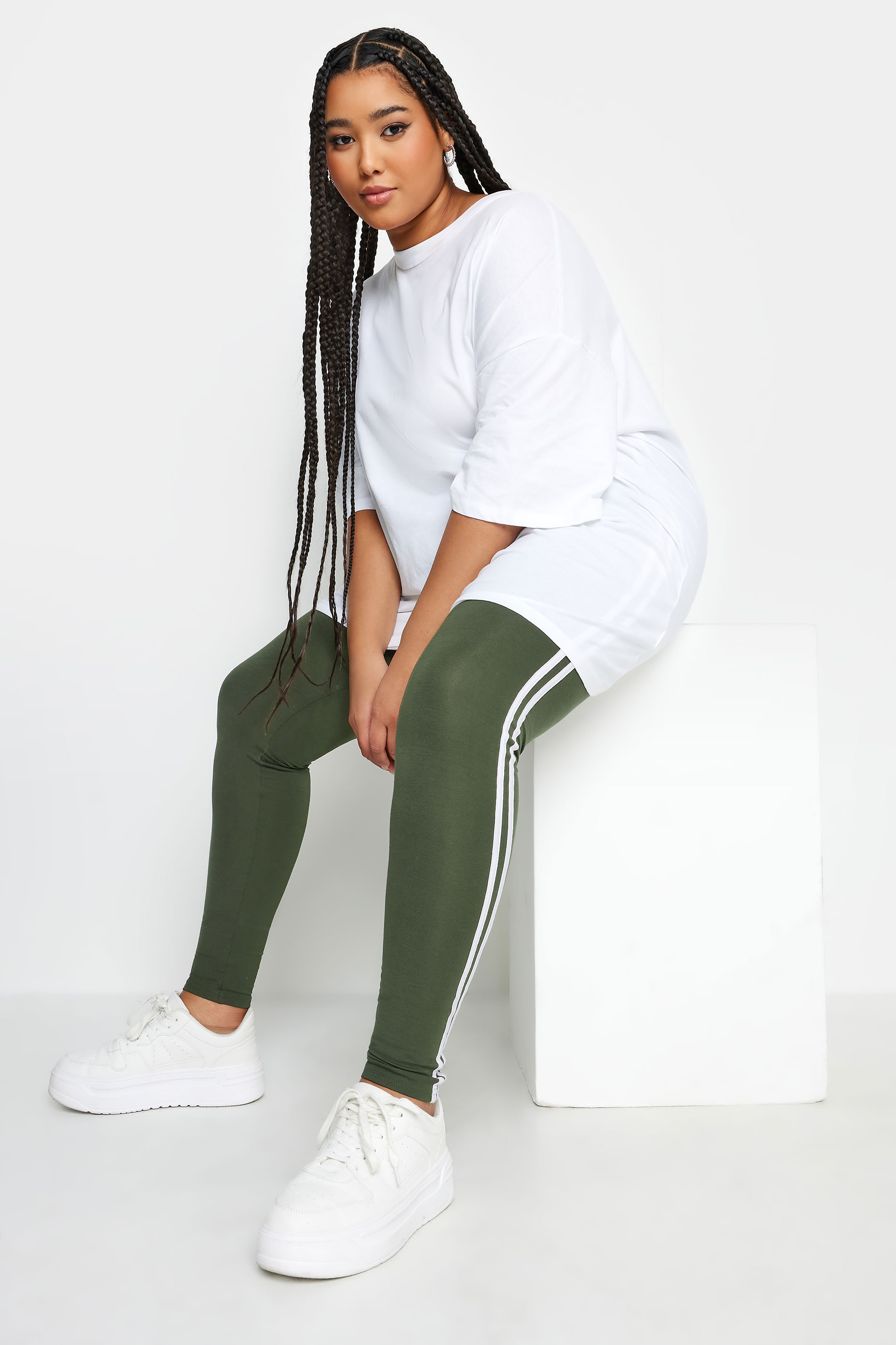 YOURS Plus Size Khaki Green Side Stripe Leggings | Yours Clothing 2