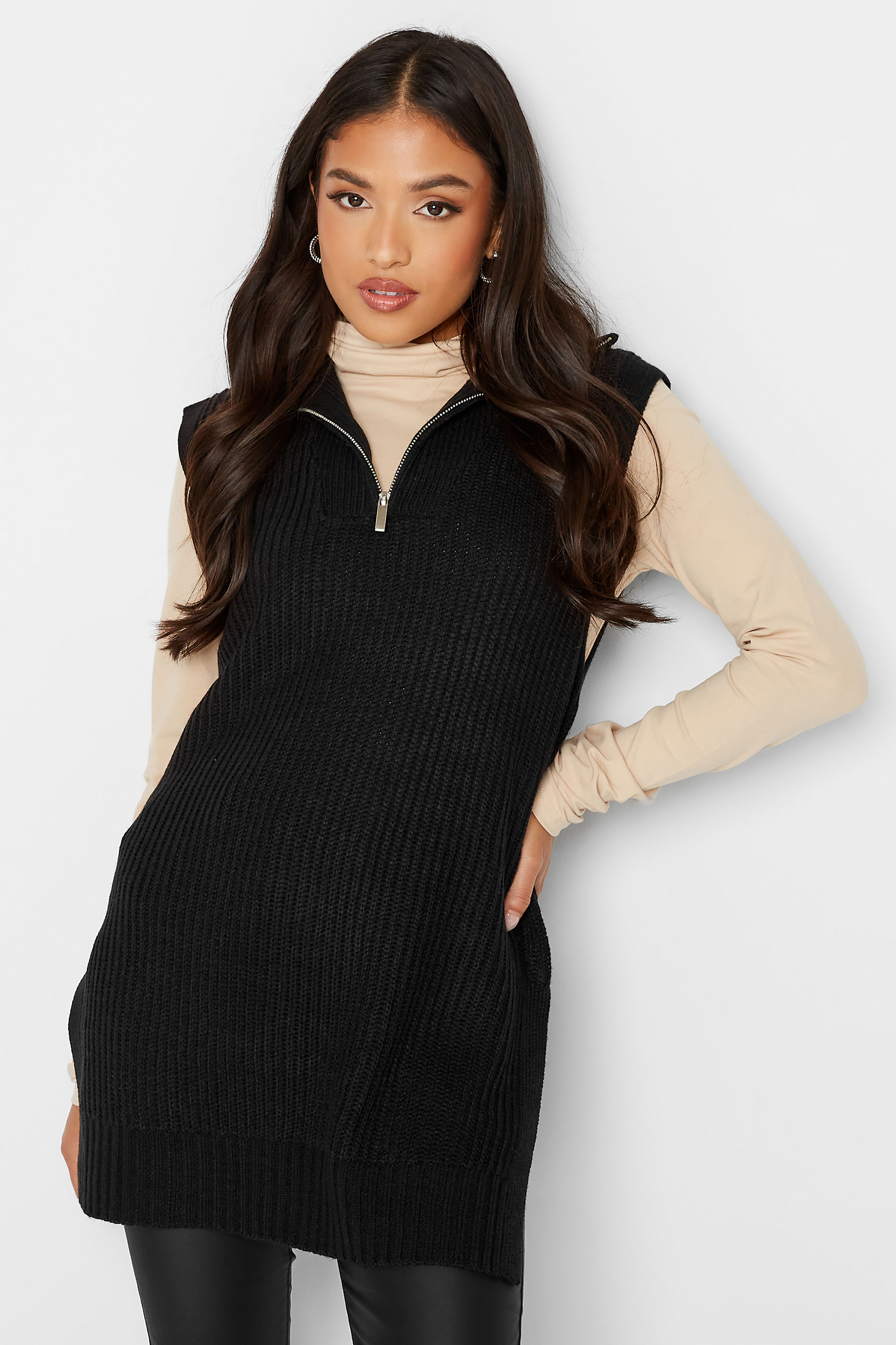 Petite Black Zip Longline Knitted Vest Top | PixieGirl 1