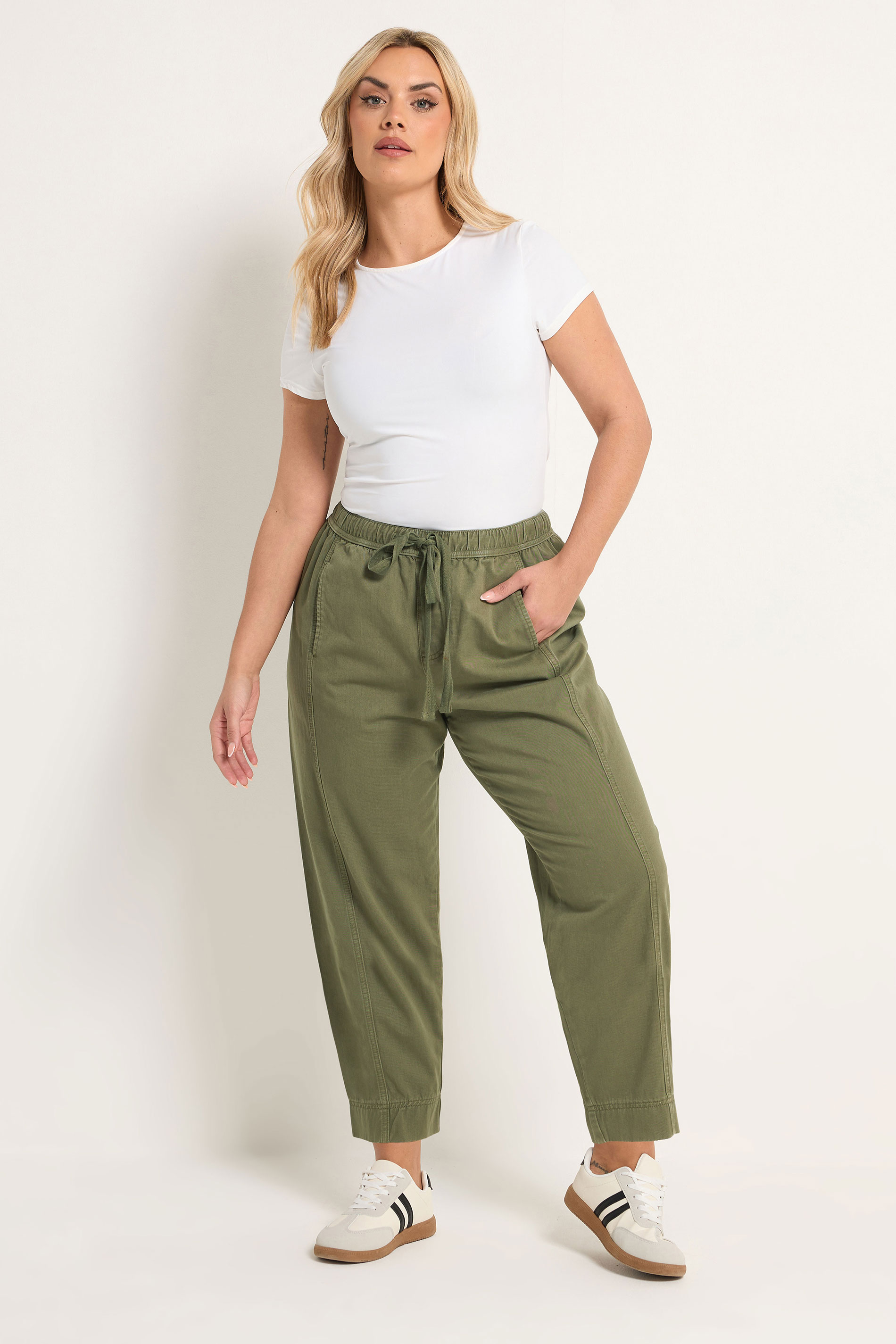 YOURS Plus Size Khaki Green Twill Barrel Leg Trousers | Yours Clothing 3