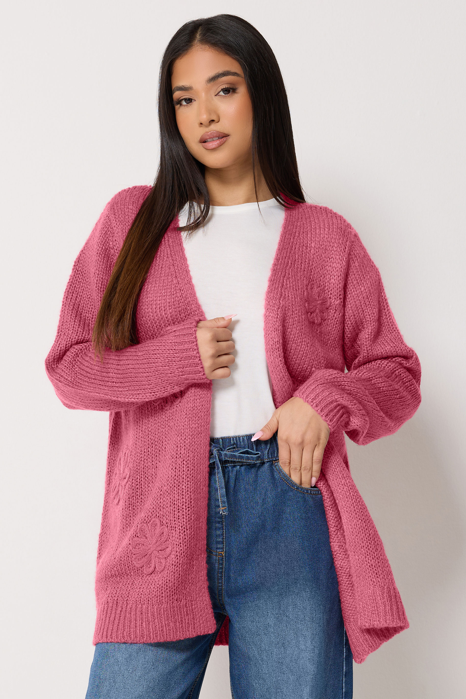 M&Co Petite Pink Flower Embroidered Knitted Cardigan | M&Co 3