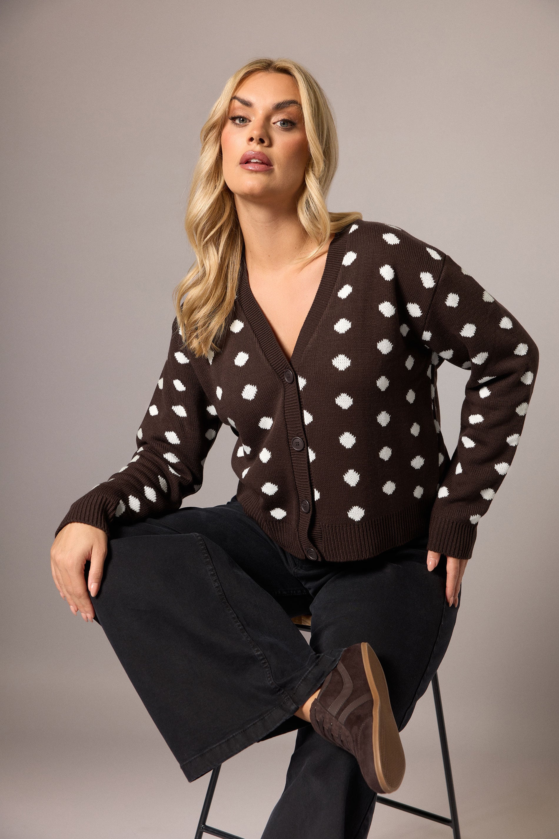LIMITED COLLECTION Plus Size Chocolate Brown Polka Dot Knitted Cardigan | Yours Clothing 3